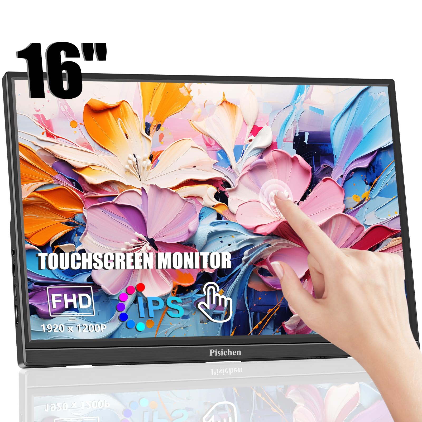 16 Inch Full HD Portable Touchscreen Monitor - 1920x1200P IPS Display with HDMI & USB-C, 300cd/m² Brightness, Built-in Speakers for Laptop, PC, Raspberry Pi - Perfect for Business Travel, Home Office & Gaming