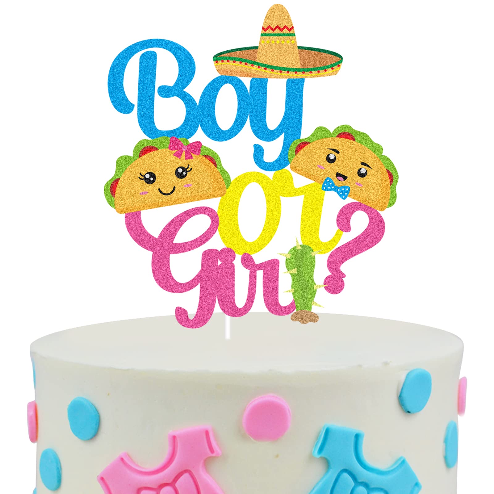 Fiesta Taco Gender Reveal Cake Topper - Glitter Cute Baby Boy or Girl Birthday Party Decoration - Pink & Blue Baby Shower Supplies for Gender Reveal Parties, Birthdays & Celebrations