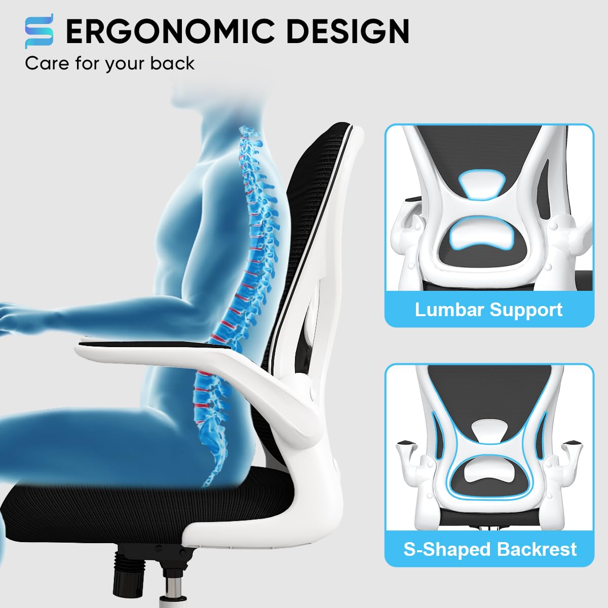 Ergonomic Office Chair with Flip-Up Arms & Lumbar Support - Breathable Mesh Desk Chair with Padded Seat for Home & Office Workspace (White) - Perfect for Long Hours of Computer Work, Gaming, and Remote Working