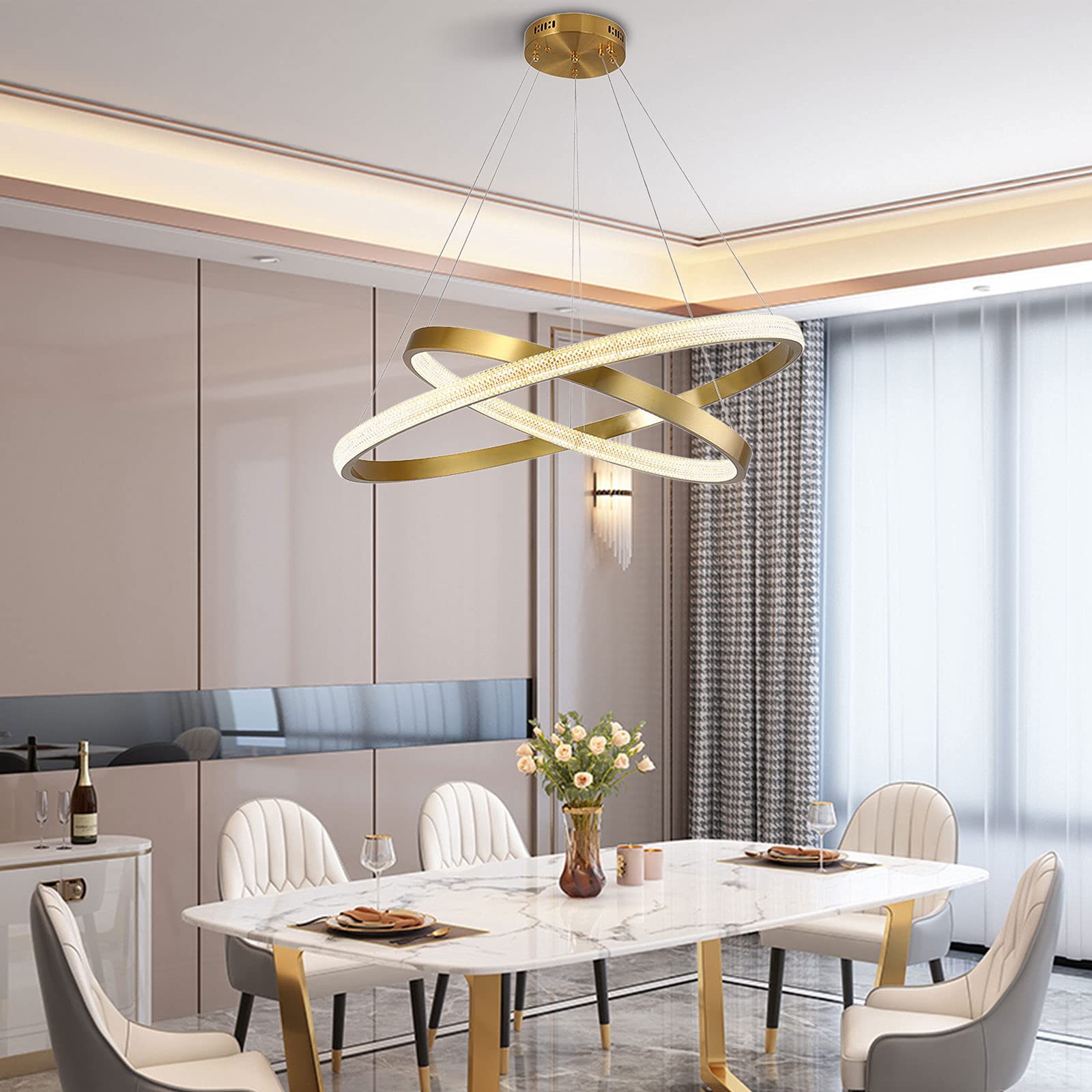 TFCFL 2 Rings Circular Contemporary Chandelier - Acrylic LED Pendant Light Fixture, Modern Dimmable Ceiling Lighting for Bedroom, Living Room, Dining Room (Gold) - Perfect for Home Decor and Ambient Lighting