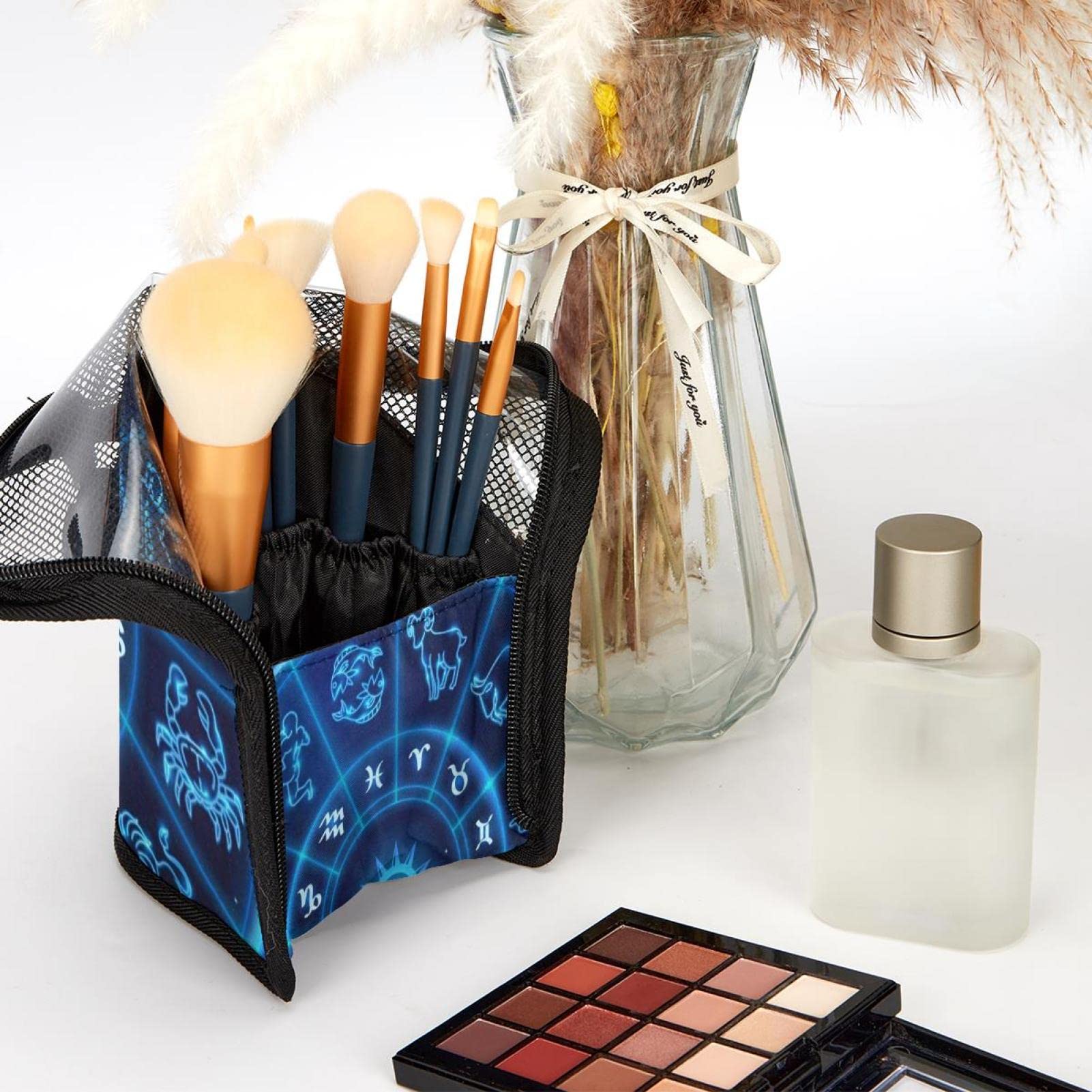 Premium 12-Piece Makeup Brush Organizer Bag - Cosmic Constellation & Animal Print Portable Holder Case for Travel & Home Vanity Storage