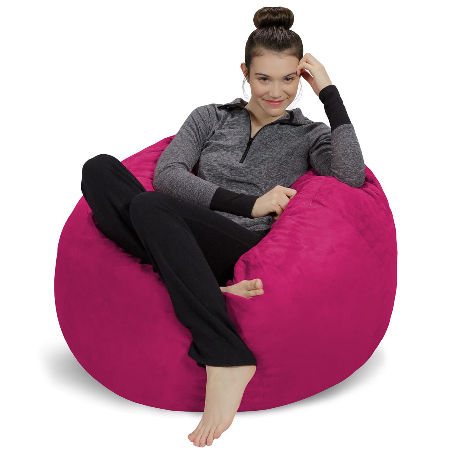 3' Memory Foam Bean Bag Chair - Soft Microfiber Sofa Sack with Removable Cover (Hot Pink) | Comfortable Lounge Seating for Living Room, Bedroom, Dorm & Game Room