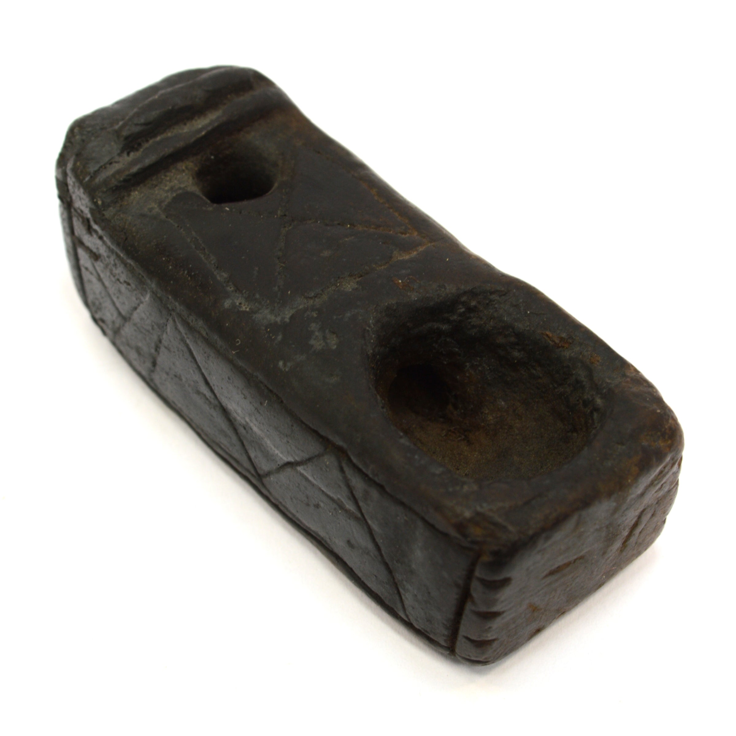 Ancient Steatite Smoking Pipe with Primitive Effigy & Intricate Incised Symbols - Unique Handcrafted Artifact for Collectors & Ritual Use