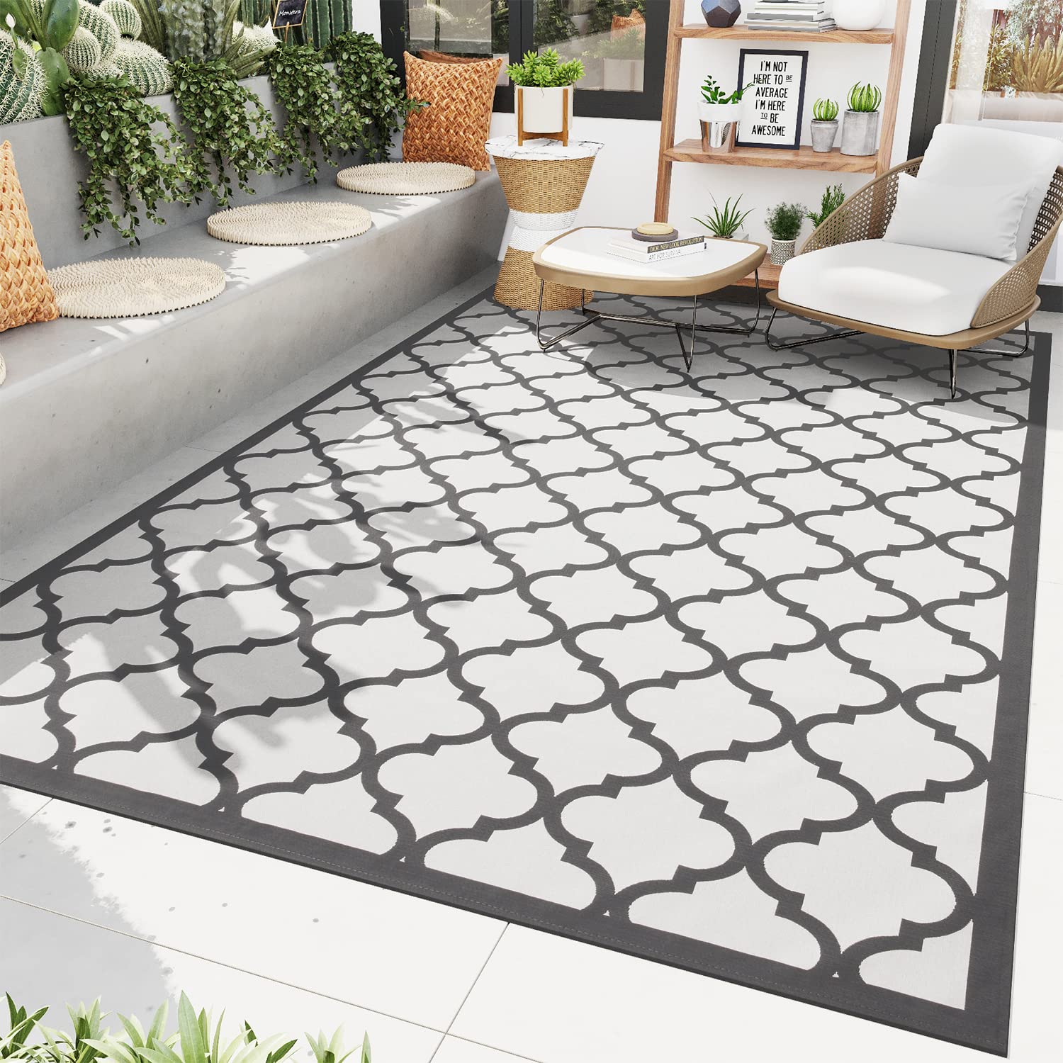 5x8 FT Non-Slip Outdoor Rug Mat - Machine Washable Rubber Backed Woven Patio Carpet - Moroccan Style Decor for Balcony, Front Porch, Garden & Poolside - Perfect for Outdoor Entertaining & Relaxation