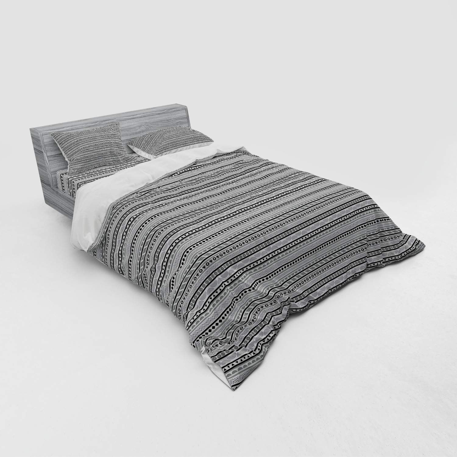 Ambesonne Ethnic Duvet Cover Set - Geometric Oriental Pattern with Triangles, Rhombuses & Circles, 4-Piece Queen Size Bedding (Duvet Cover + 2 Shams + Fitted Sheet) in Pale Grey Black & White - Perfect for Boho Chic Bedroom Decor & Guest Room Styling