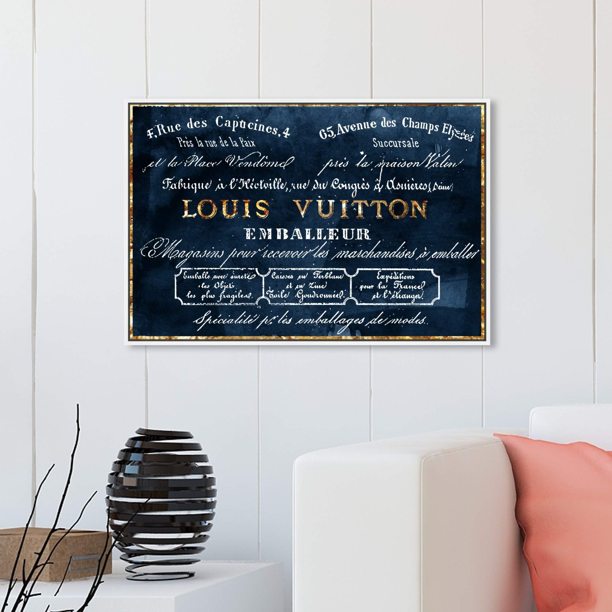 Oliver Gal Artist Co. Framed Wall Art Canvas Print - 'Emballeur Navy' Fashion & Glam Road Sign Home Decor, 30x20 Inches, Blue & Gold - Perfect for Living Room, Bedroom, or Office Wall Decor