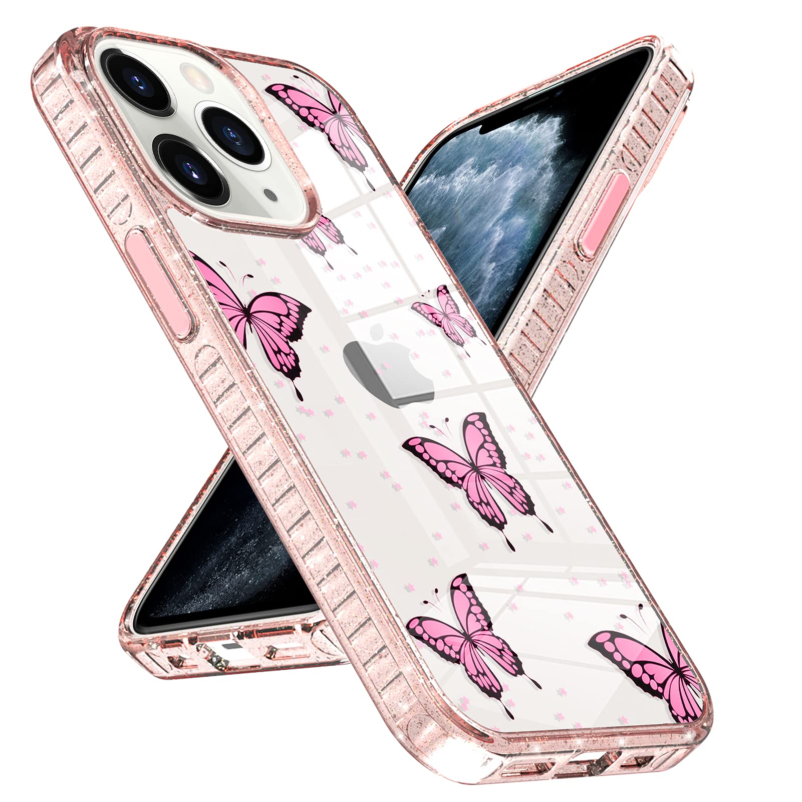 SAKUULO iPhone 11 Pro Max Case - Clear Pink Butterflies Design, Luxury Scratch Resistant Shockproof Cover with Soft TPU Bumpers & Hard PC Back (Perfect for Everyday Protection, Work, Travel, and Special Occasions)