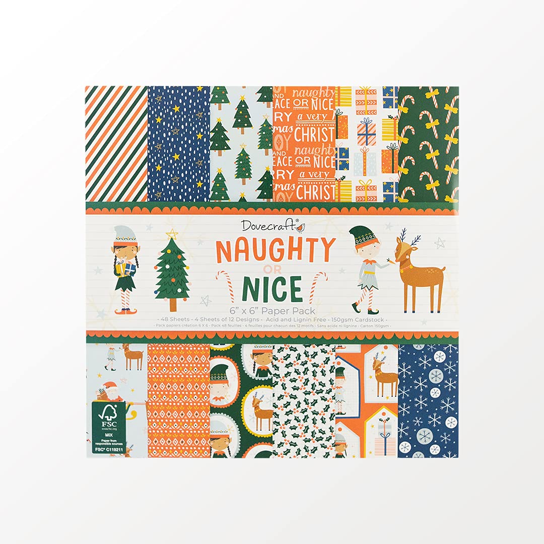 Dovecraft Christmas Naughty or Nice 6x6 Scrapbook Paper Pack - 21 Double-Sided FSC Certified Design Papers for Card Making, Gift Tags & Holiday Crafts (Multi-Color)