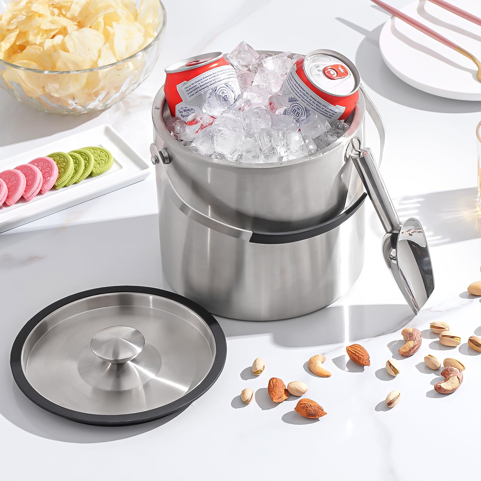 Premium 2.2L Double Wall Insulated Stainless Steel Ice Bucket with Lid & Scoop - Wine Chiller for Cocktails, Parties, Bars & Outdoor Entertaining