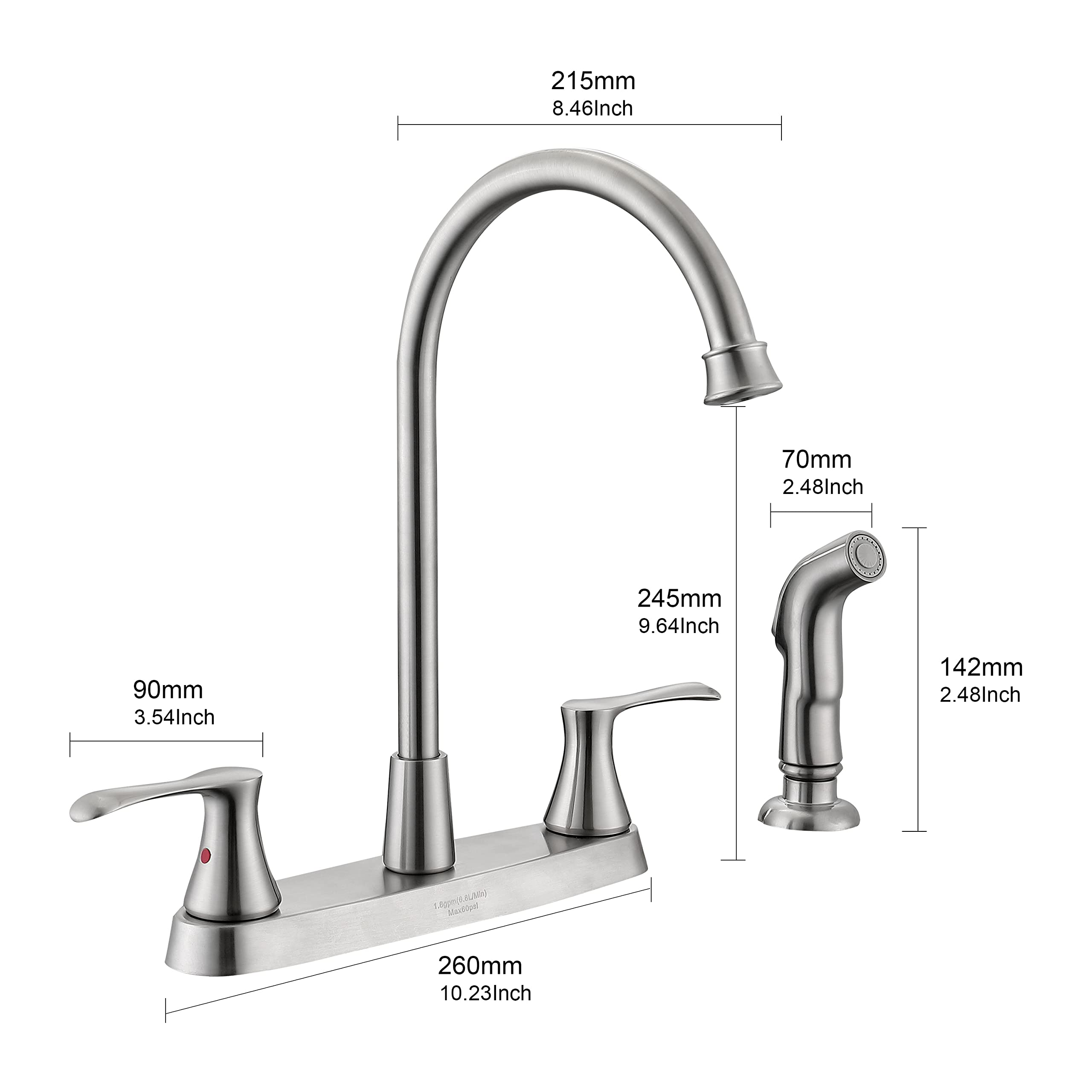 Brushed Nickel 2-Handle Kitchen Faucet with Side Sprayer - 4 Hole Mount for Sink | Perfect for Modern Kitchens, Dishwashing & Food Prep