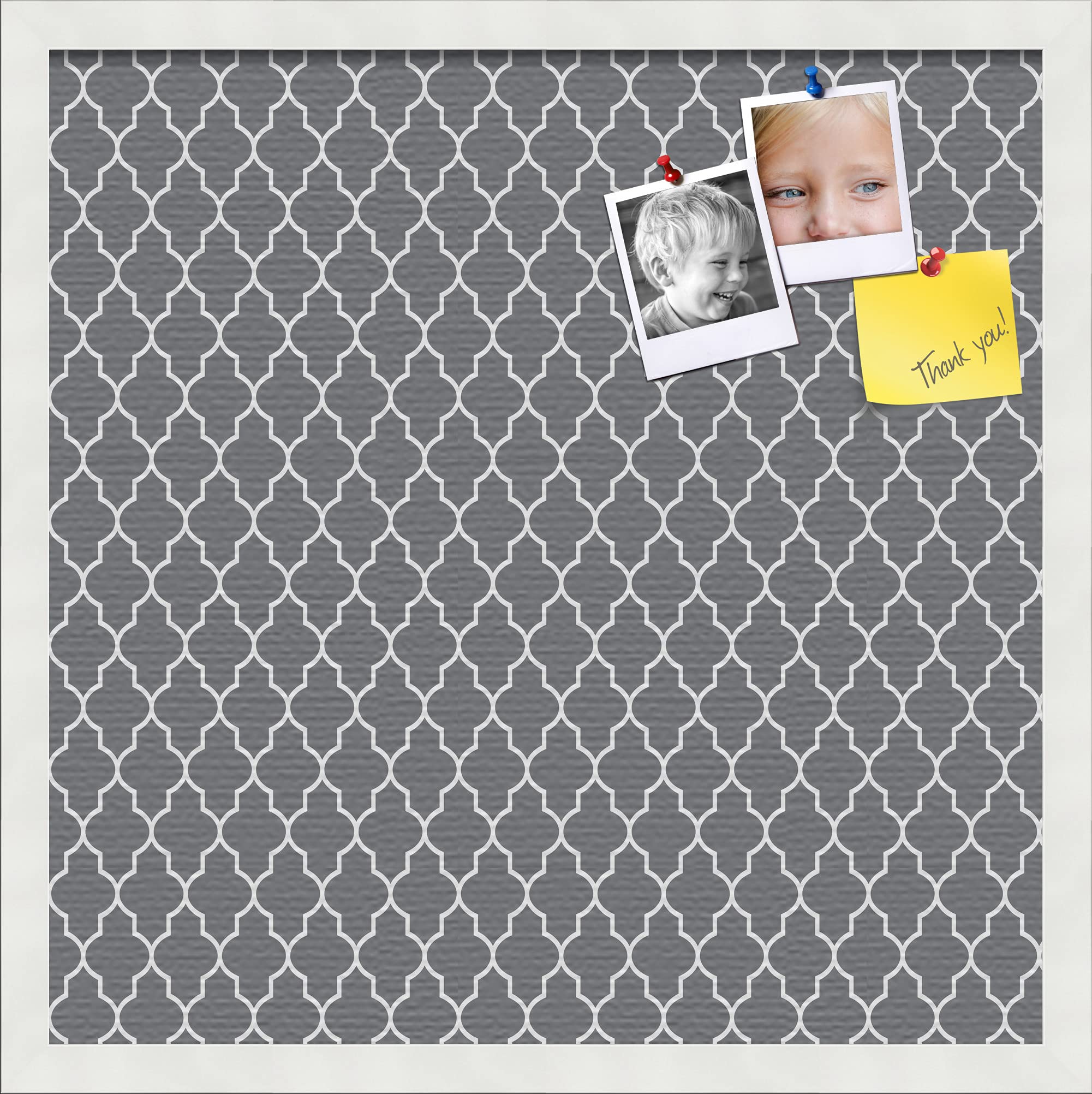 Custom 20x20 Cork Bulletin Board with Quatrefoil Design - Dark Grey Canvas Photo Board in Satin White Frame (PinPix-583) - Perfect for Home Office, Dorm Room, or Classroom Organization & Decor