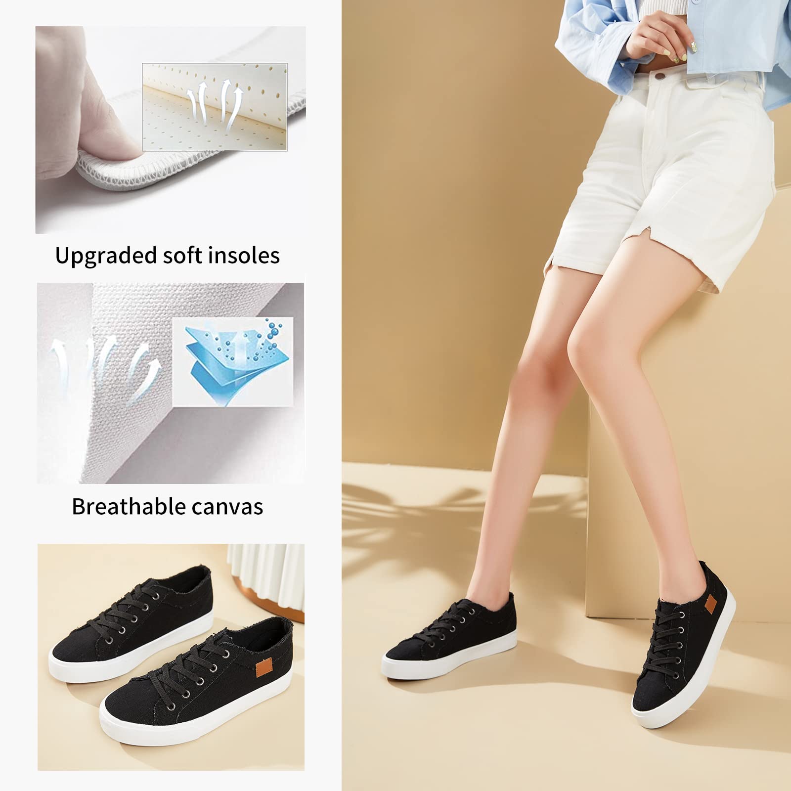 Women's Canvas Sneakers - Comfortable Lace-Up Low Top Casual Shoes for Walking, Running & Everyday Wear | Fashionable & Lightweight Sneakers for Women