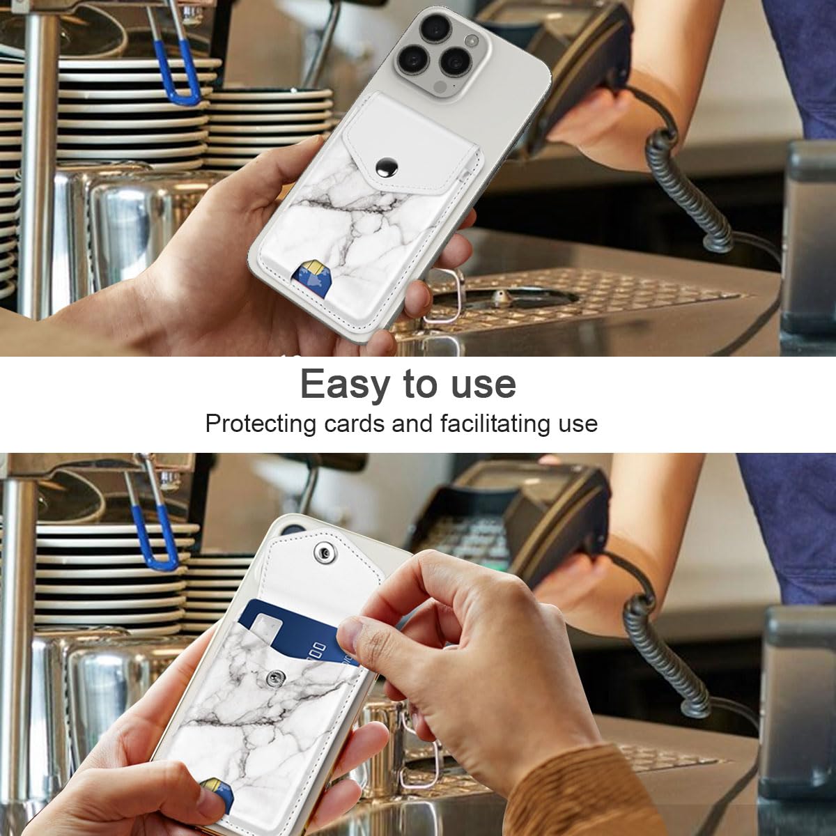 Leather RFID Phone Wallet with Snap - Self Adhesive Card Holder for Back of Phone - White Marble Design - Perfect for Credit Cards, IDs & Transit Passes - Ideal for Work, Travel & Everyday Use