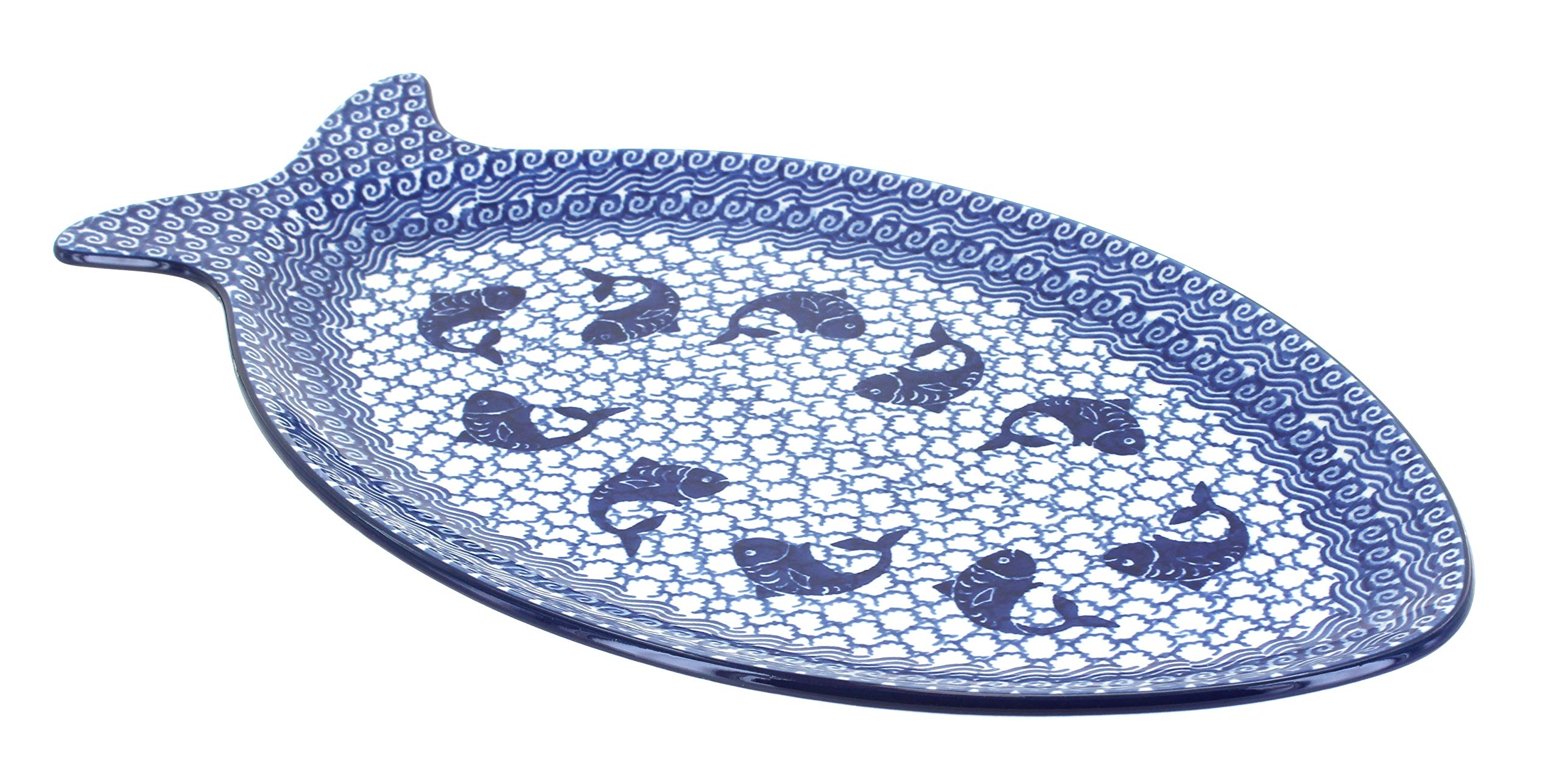 Handmade Blue Rose Polish Pottery Mosaic Large Fish Serving Platter - Perfect for Beach Themed Dinner Parties, Seafood Displays & Coastal Home Decor