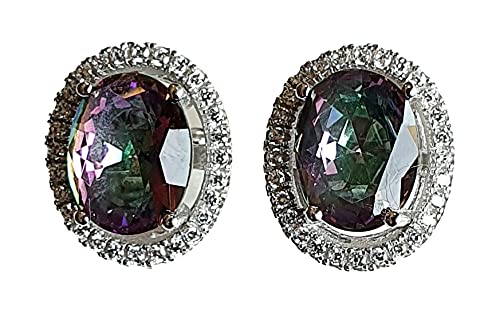 Real 925 Sterling Silver Mystic Topaz & Zircon Stud Earrings for Women - Handmade Fashion Jewelry, Perfect Gift for Parties, Weddings & Special Occasions