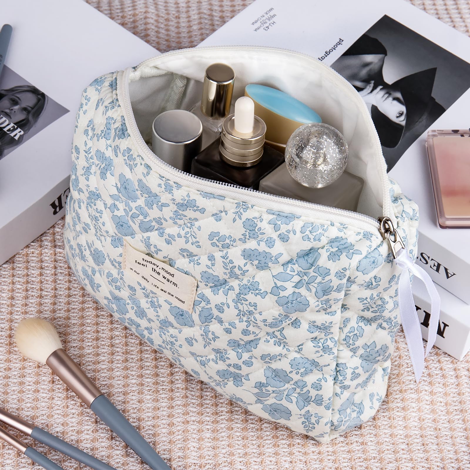 Floral Makeup Bag for Women - Large Quilted Cosmetic Pouch, Blue Flower Travel Organizer for Toiletries & Beauty Essentials