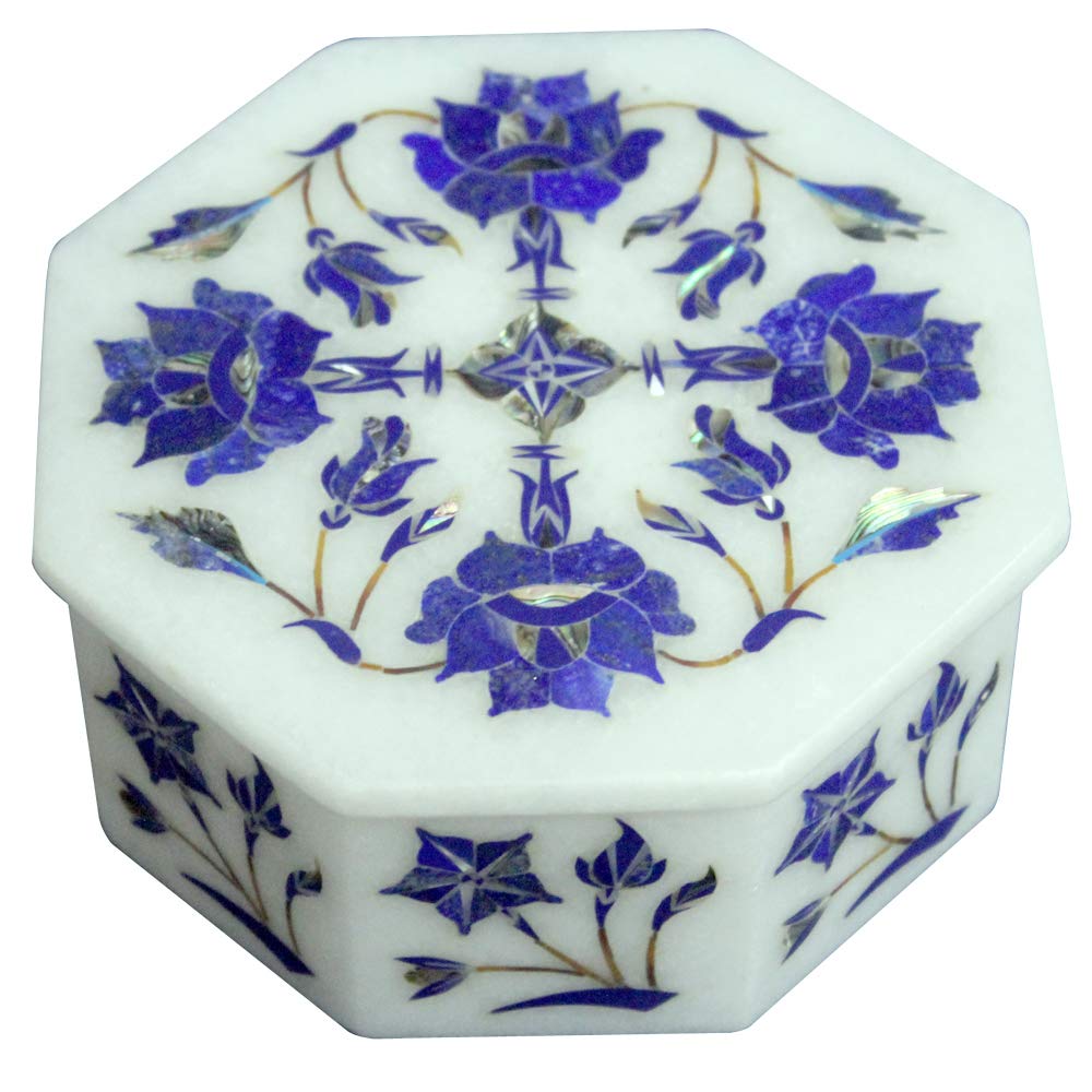 Queenza Marble Jewelry Box - Handcrafted Octagonal Jewelry Organizer with Floral Art Inlay & Lapis Gemstone - Perfect Valentine Gift for Women & Teen Girls - 4 Inch White Jewelry Storage Box for Dresser, Vanity & Travel