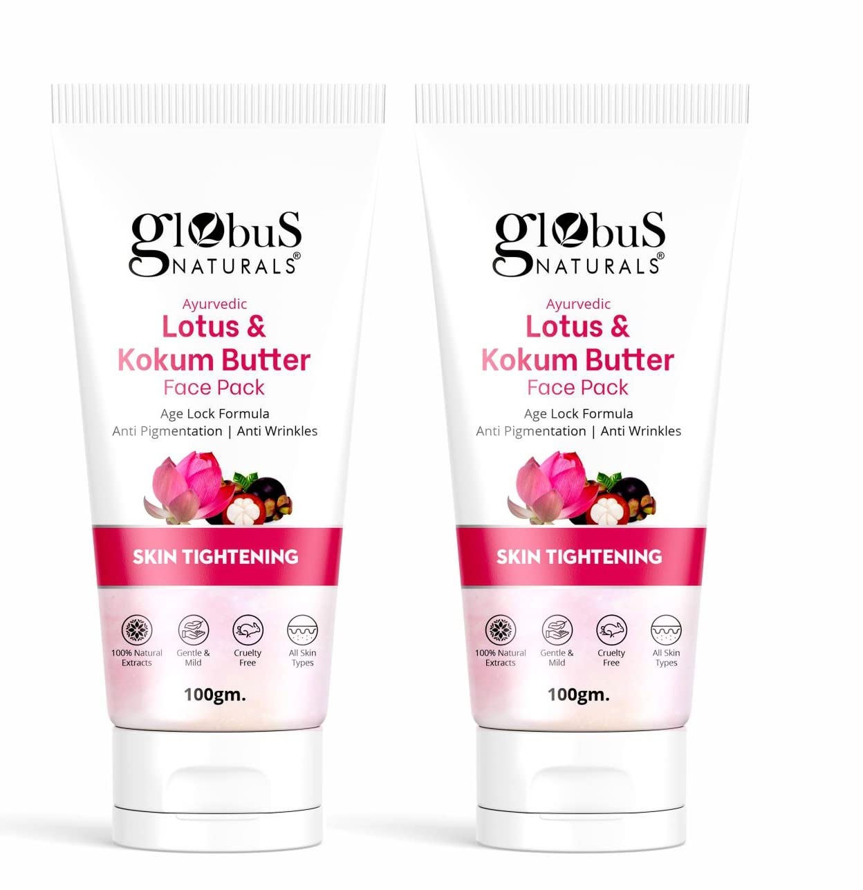 Globus Naturals Lotus & Kokum Butter Face Pack - Anti-Aging & Skin Brightening Cream for All Skin Types, 100g (Pack of 2) - Hydrating & Nourishing Facial Mask for Dry, Dull Skin - Perfect for Daily Skincare Routine & Spa Treatments