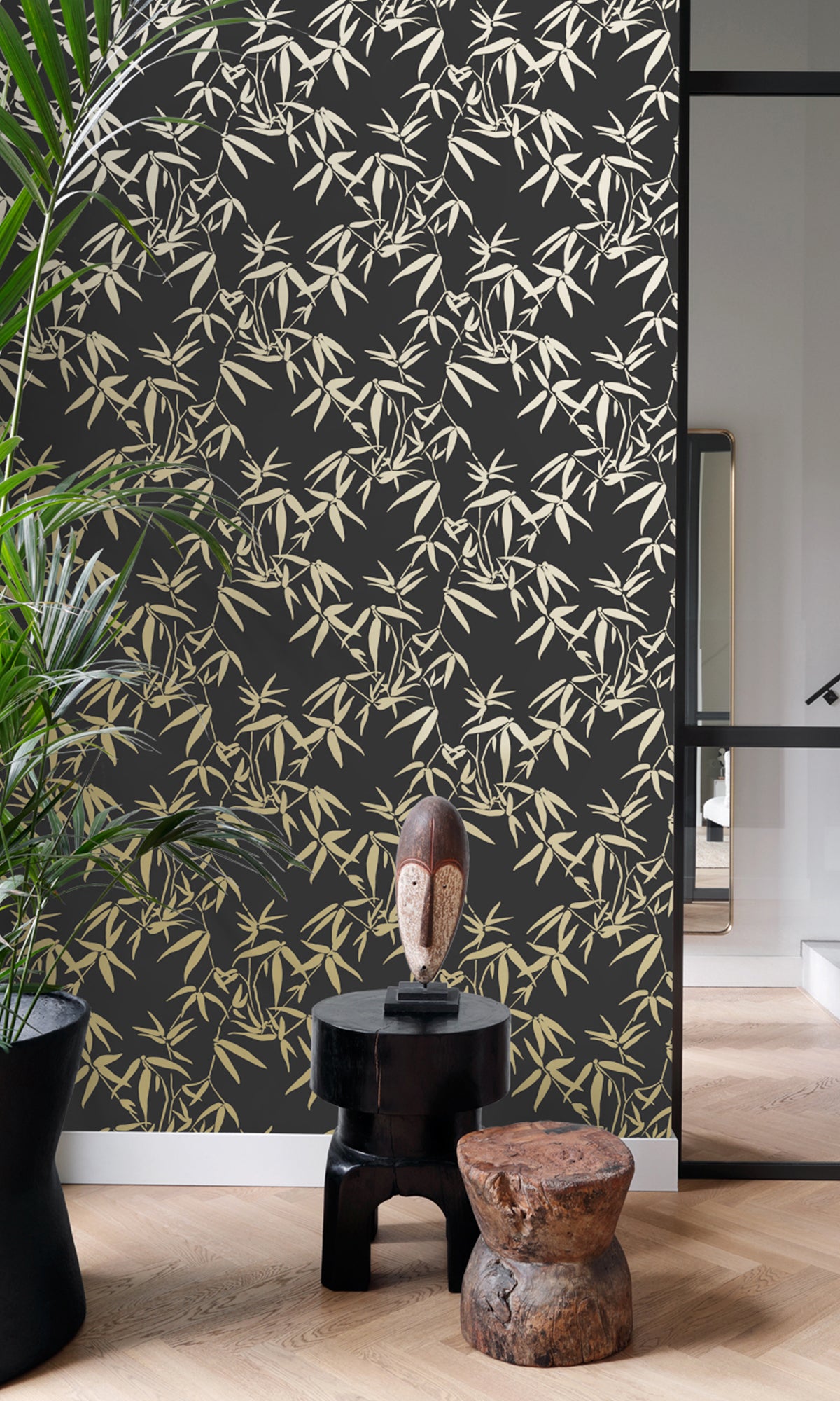 Black and Gold Bamboo Leaves Wallpaper R9375 - Elegant Peel and Stick Wallpaper for Bedroom, Living Room & Office Decor