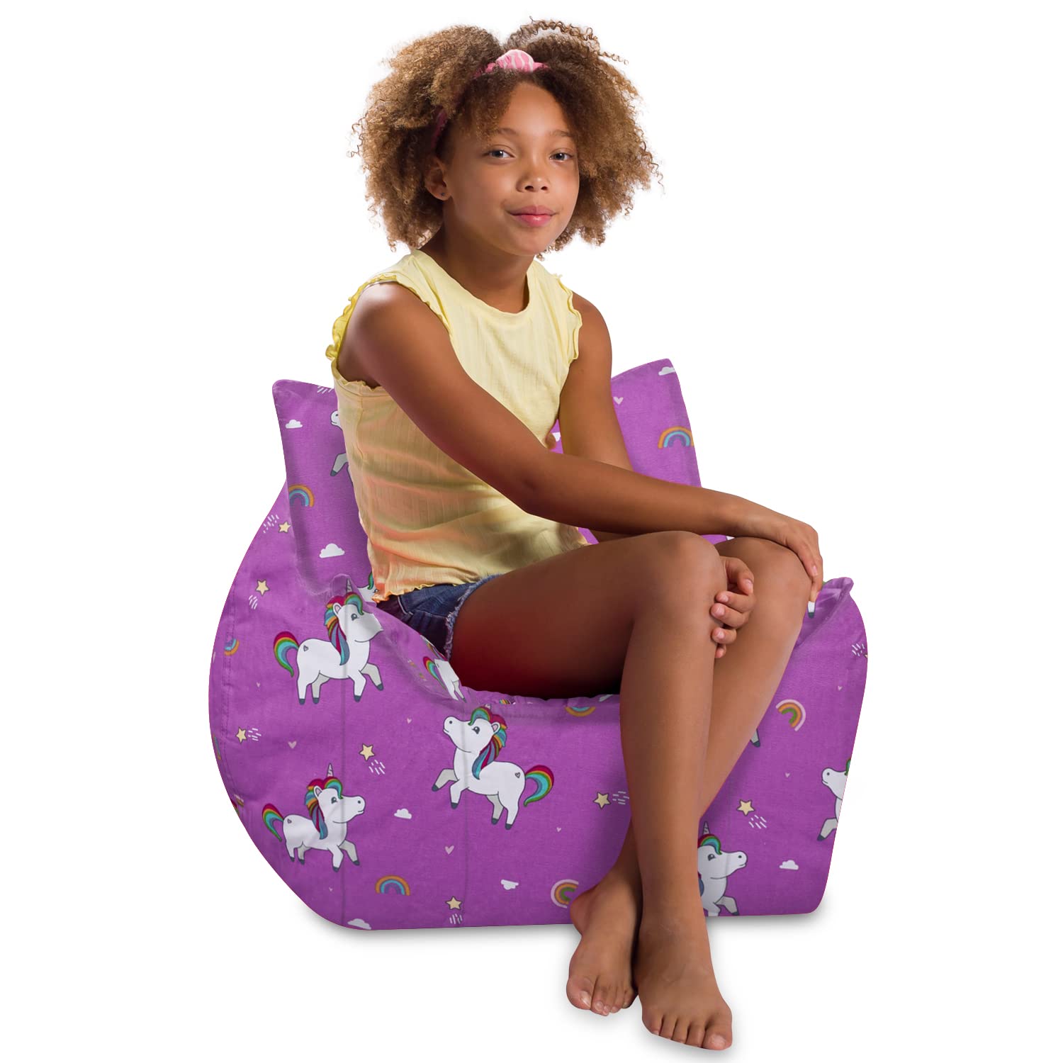 Posh Creations Sturdy Comfortable Bean Bag Chair for Gaming, Reading & TV - Newport Canvas Chair with Unicorn & Rainbows on Purple | Perfect for Kids' Room, Dorm Lounge & Relaxation Space