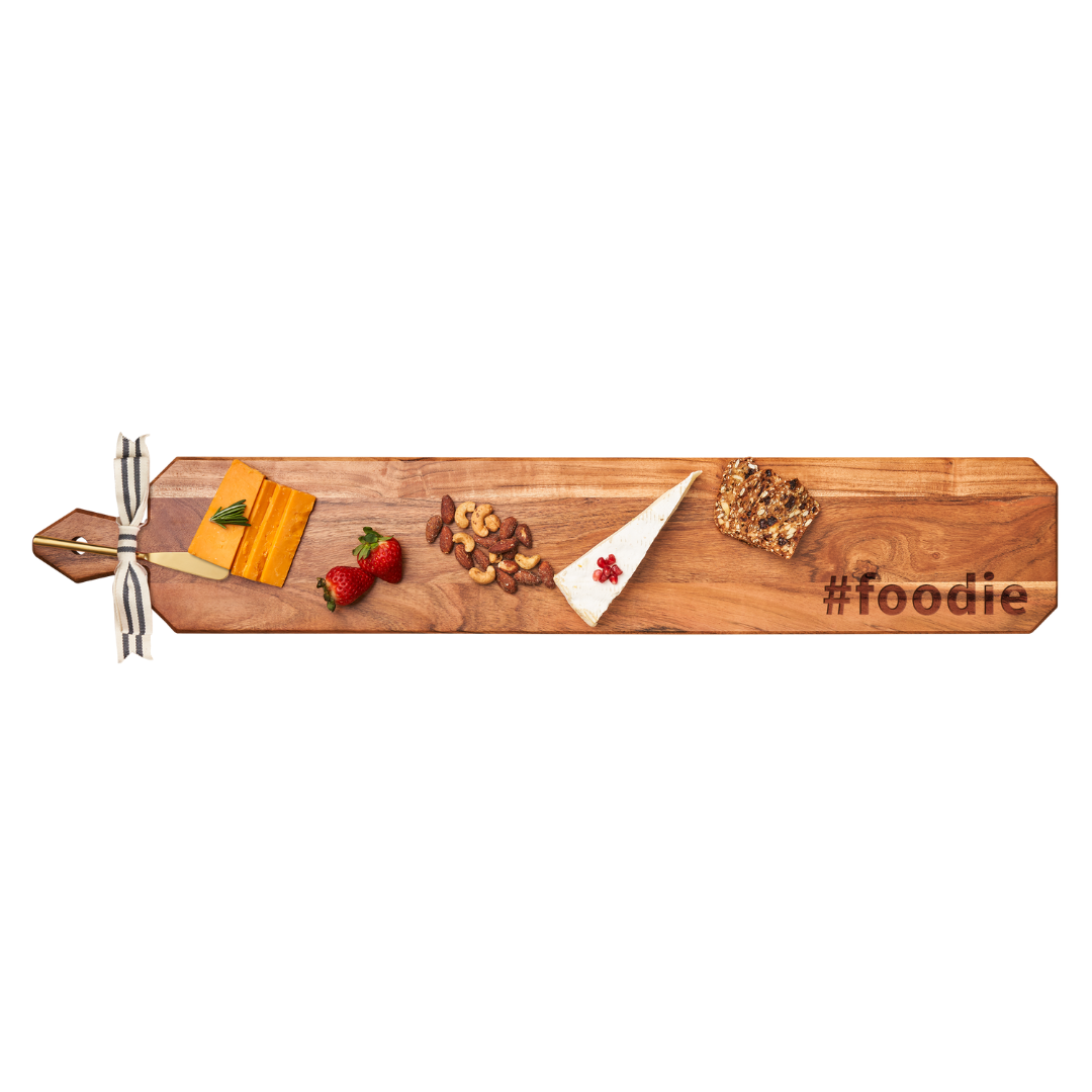 Acacia Wood Heirloom Cheese Board Set with Gold Spreader & Ribbon - Elegant Charcuterie Serving Tray 34x6 inches - Perfect for Entertaining, Wine & Cheese Parties, Bridal Showers & Gifts