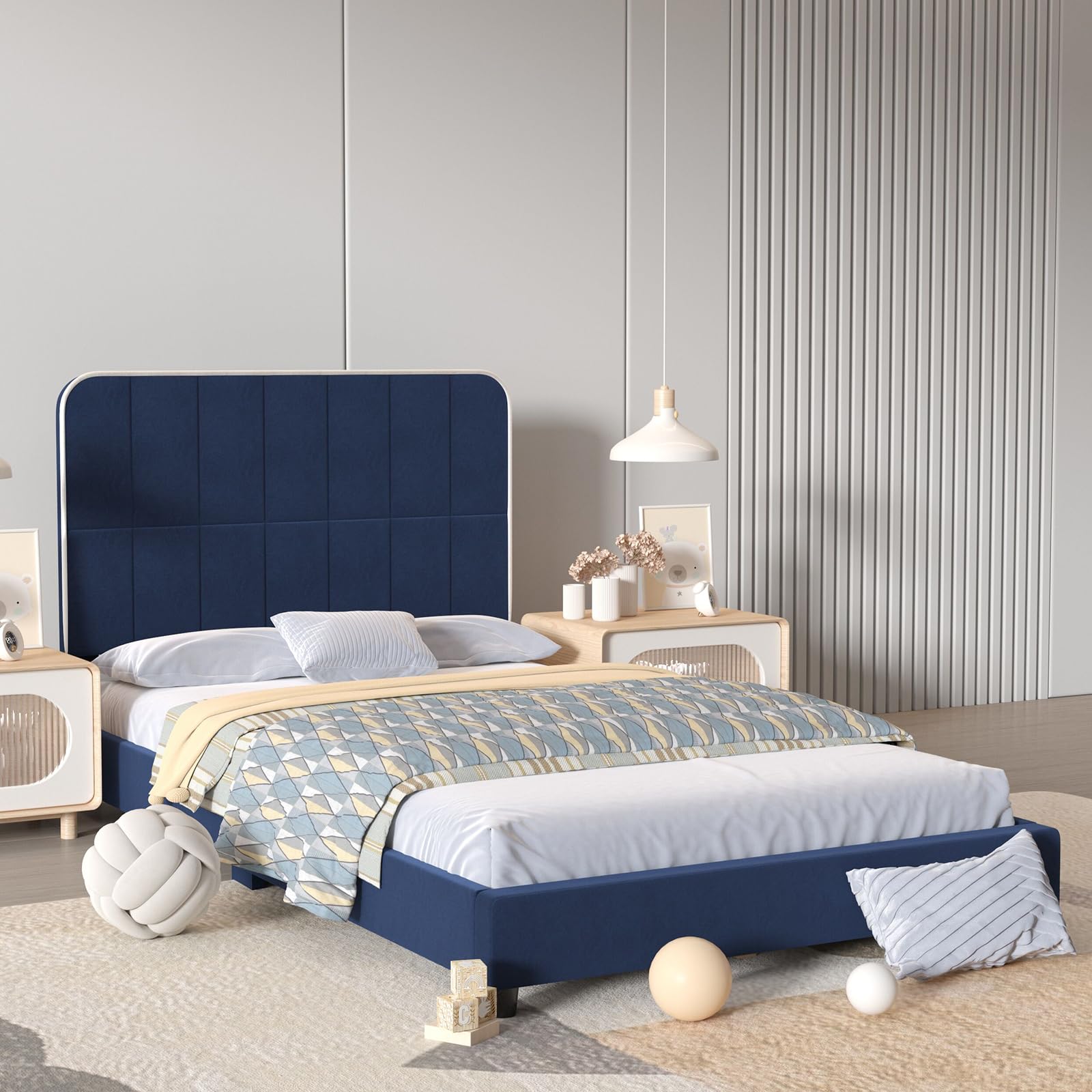 Adjustable Height Toddler Beds - Upholstered Twin Bed Frame for Kids & Girls, Fits Standard 75