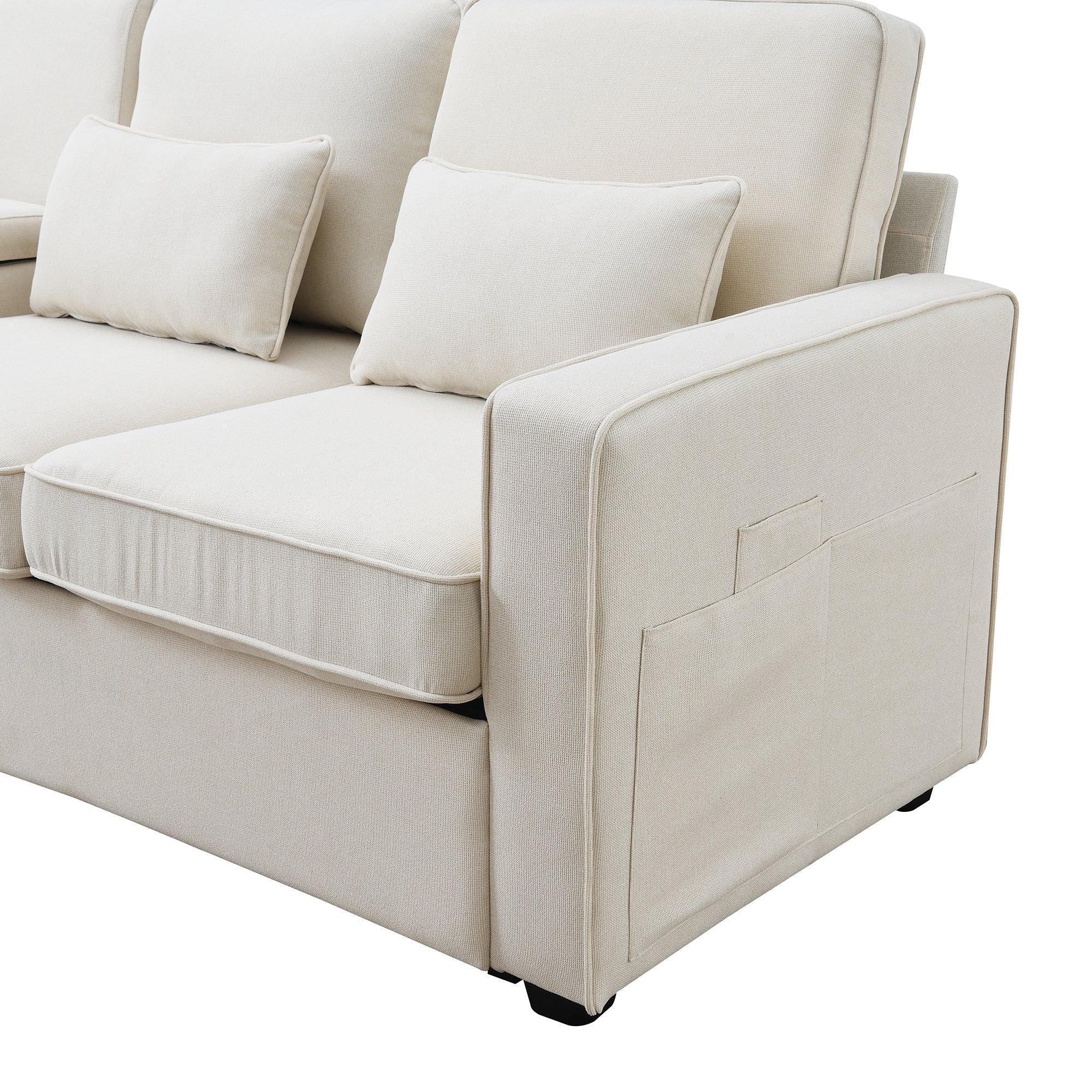 Modern 4-Seater Linen Fabric Sofa with Armrest Storage Pockets & 4 Throw Pillows - Minimalist Living Room Couch for Small Spaces, Apartments and Cozy Home Decor