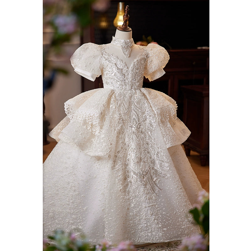 Elegant Princess V-Neck Floor-Length Lace Flower Girl Dress in White - Perfect for Weddings, Baptisms & Special Occasions
