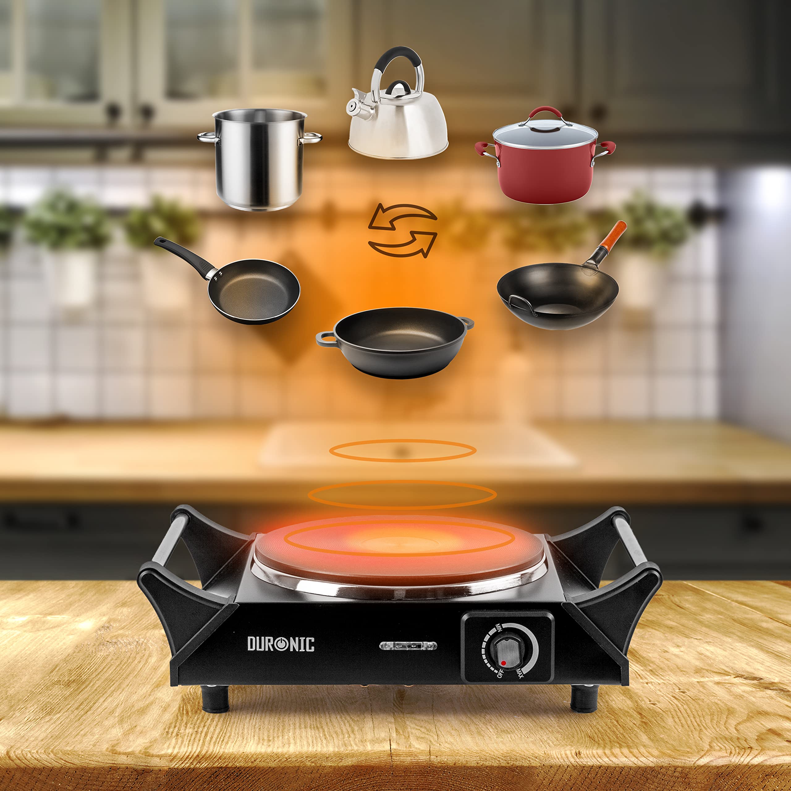 Duronic HP1 BK 1500W Electric Single Burner Hot Plate - Portable Cast Iron Stove for Home Kitchen, Camping & Outdoor Cooking | Durable Black Steel Design with Handles for Pots & Pans