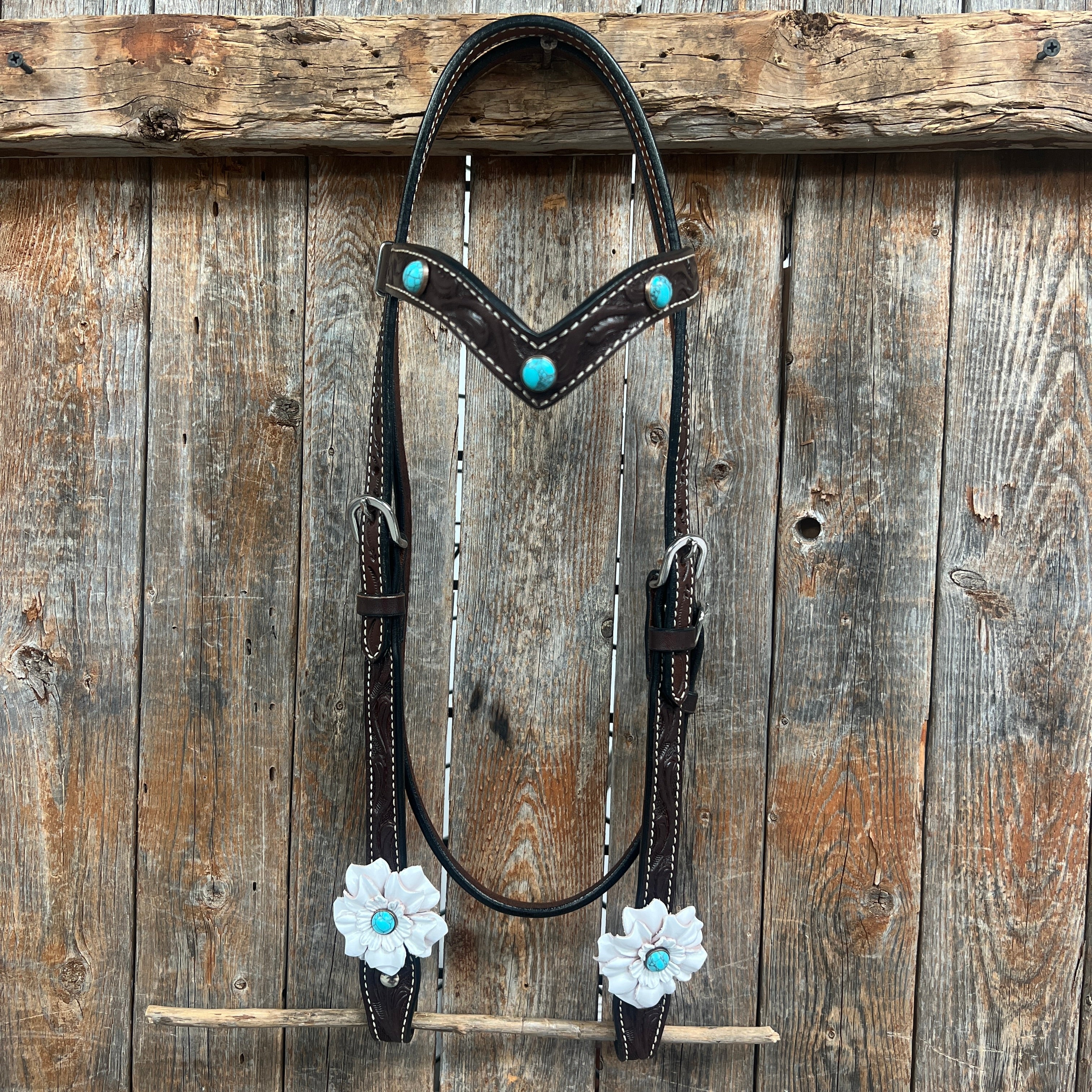 Dark Oil Floral Turquoise Cabochon Browband & Breastcollar Tack Set for Horses - Western Show Bridle Accessories | Perfect for Rodeo, Trail Riding & Equestrian Events #BBBC598