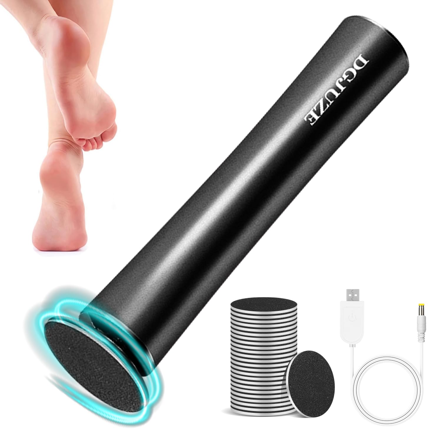 Rechargeable Electric Foot File Callus Remover - Professional Metal Pedicure Tool for Dead Skin Removal, Heel Grinder & Scraper with 60 Replacement Sandpaper Discs (Black) - Perfect for At-Home Pedicures, Soft Feet Care & Salon Quality Results