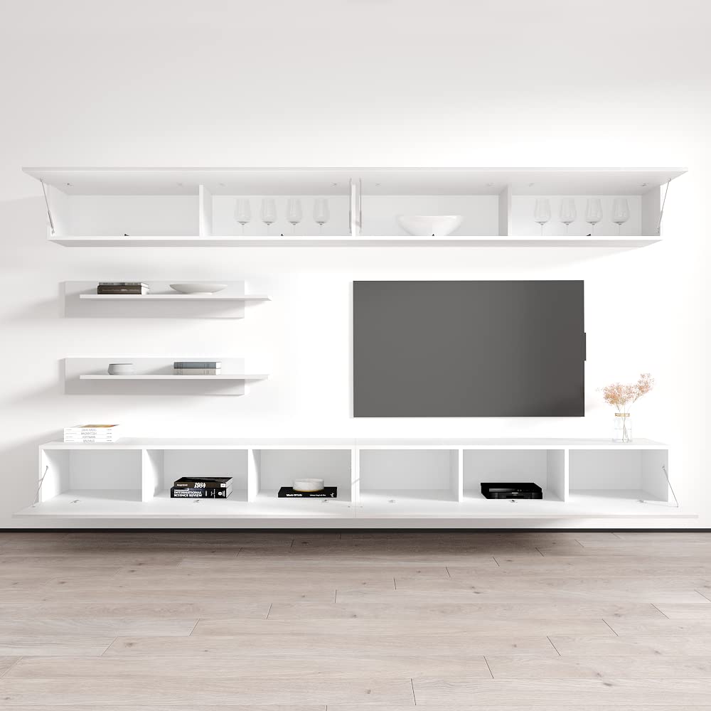 Modern White Wall-Mounted TV Stand with Storage Shelves & LED Lights - Floating Entertainment Center Console for Bedroom & Living Room - Perfect for Small Spaces & Home Theater Setup - Meble Furniture Fly I1 30TV Stand