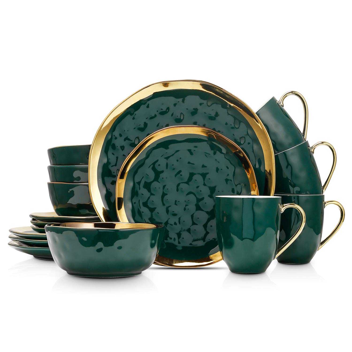 Florian Modern Porcelain 16-Piece Dinnerware Set - Green & Gold Rim Plates & Bowls for 4 - Elegant Stone Lain Dish Set for Dining, Entertaining & Everyday Use