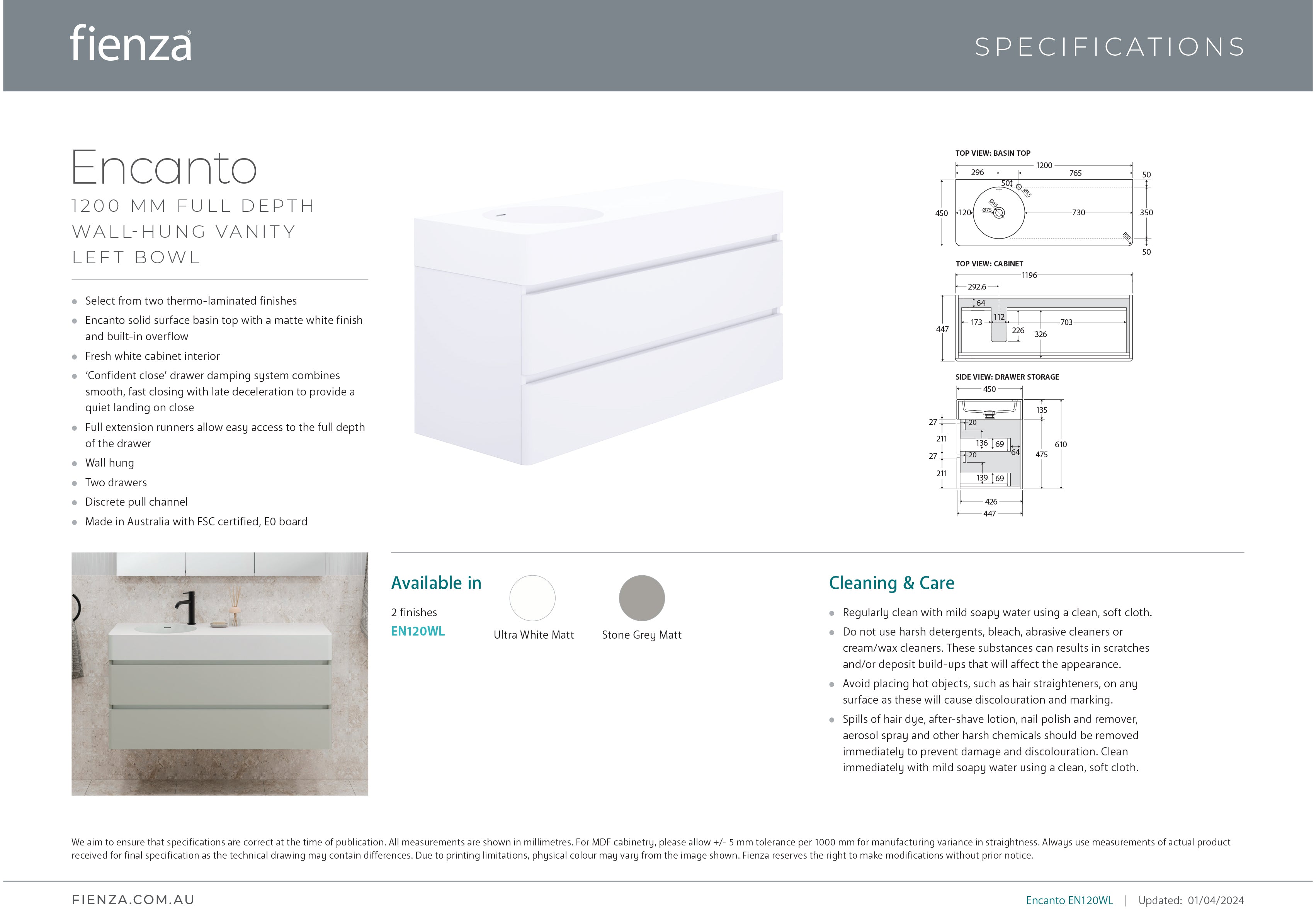 Fienza EN120WL Australian Made Encanto 1200mm Left Bowl Wall Mounted Bathroom Vanity in Ultra White Matte Finish - Perfect for Modern Bathrooms and Small Spaces