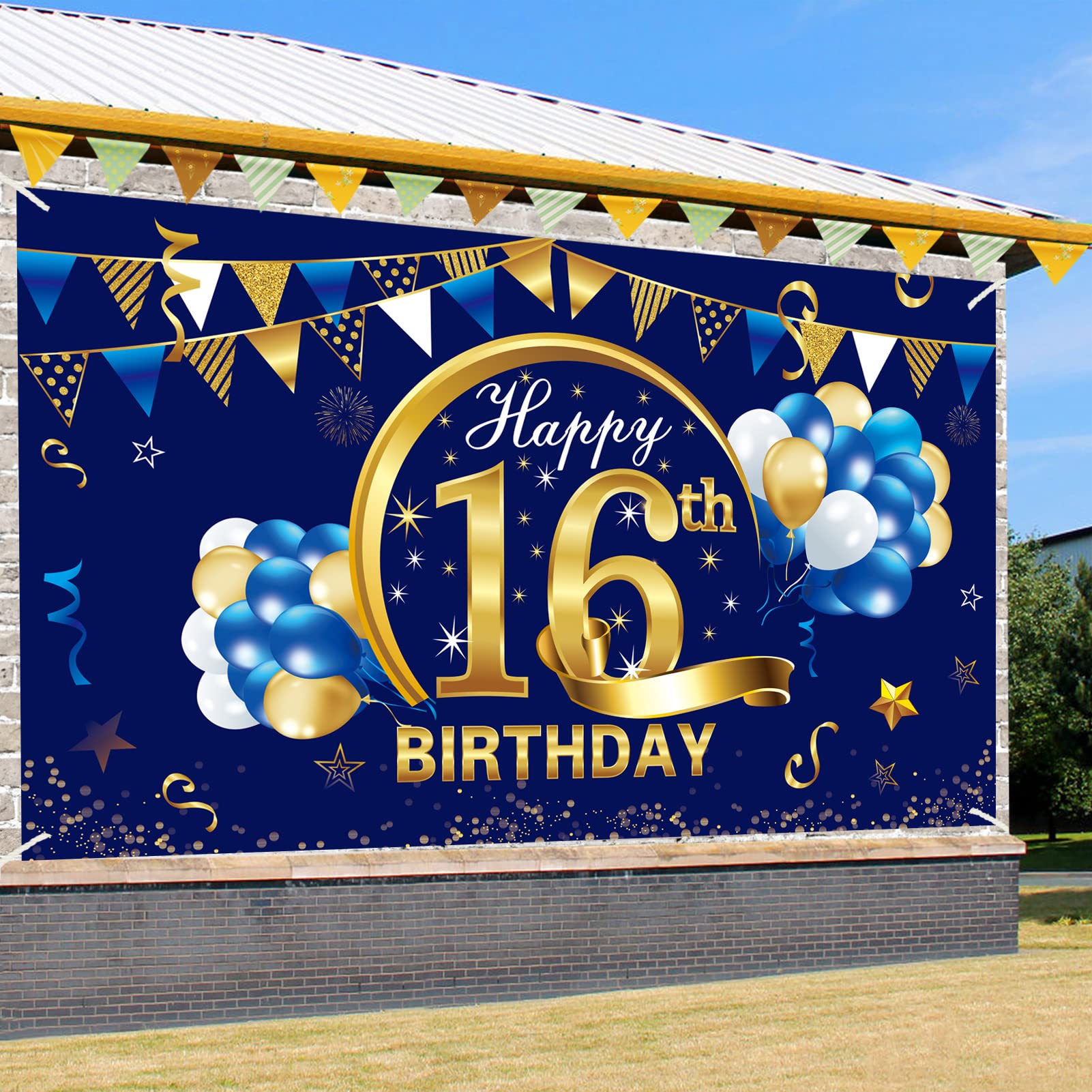 Blue & Gold 16th Birthday Banner Decorations for Boys - Happy Sixteen Party Backdrop, Photo Props & Sign - Perfect for Sweet 16 Celebrations, Teen Parties & Photo Booths