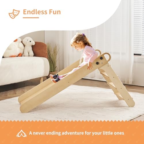 Wooden Toddler Slide for Kids Ages 1-5 | Indoor Foldable Baby Slide for Playroom & Nursery | Montessori Climbing Toy for Early Childhood Development | Perfect for Home Playrooms, Daycares & Preschool Classrooms