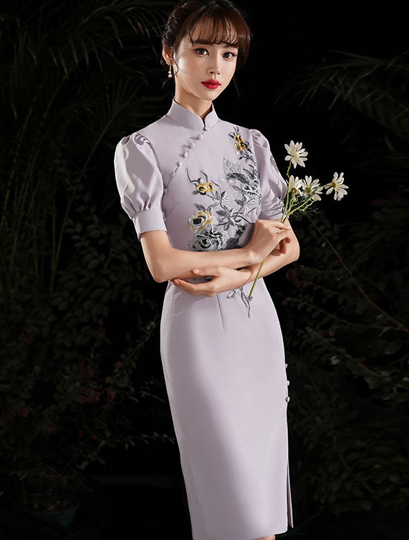 Elegant Gray White Embroidered Puff Sleeve Midi Cheongsam Dress - Vintage Chinese Qipao for Women, Perfect for Weddings, Parties & Special Occasions