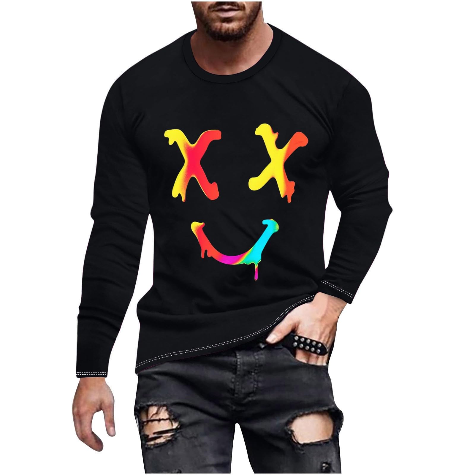 Funny Smiley Face Graphic Long Sleeve T-Shirt for Men - Trendy Streetwear Novelty Tee - Perfect for Casual Wear, Parties & Everyday Outfits