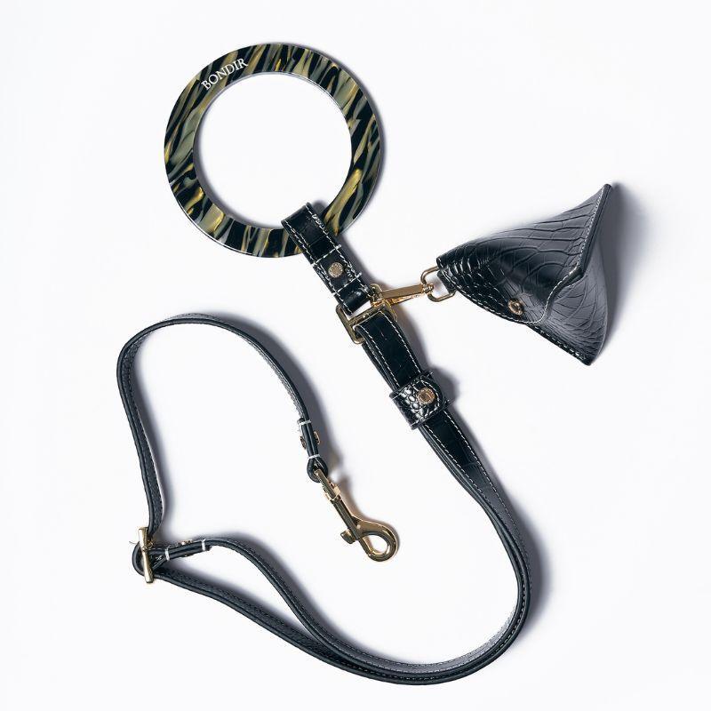 Premium Obsidian Black Leather Dog Poop Bag Holder - Stylish & Durable for Walking, Hiking, and Outdoor Adventures