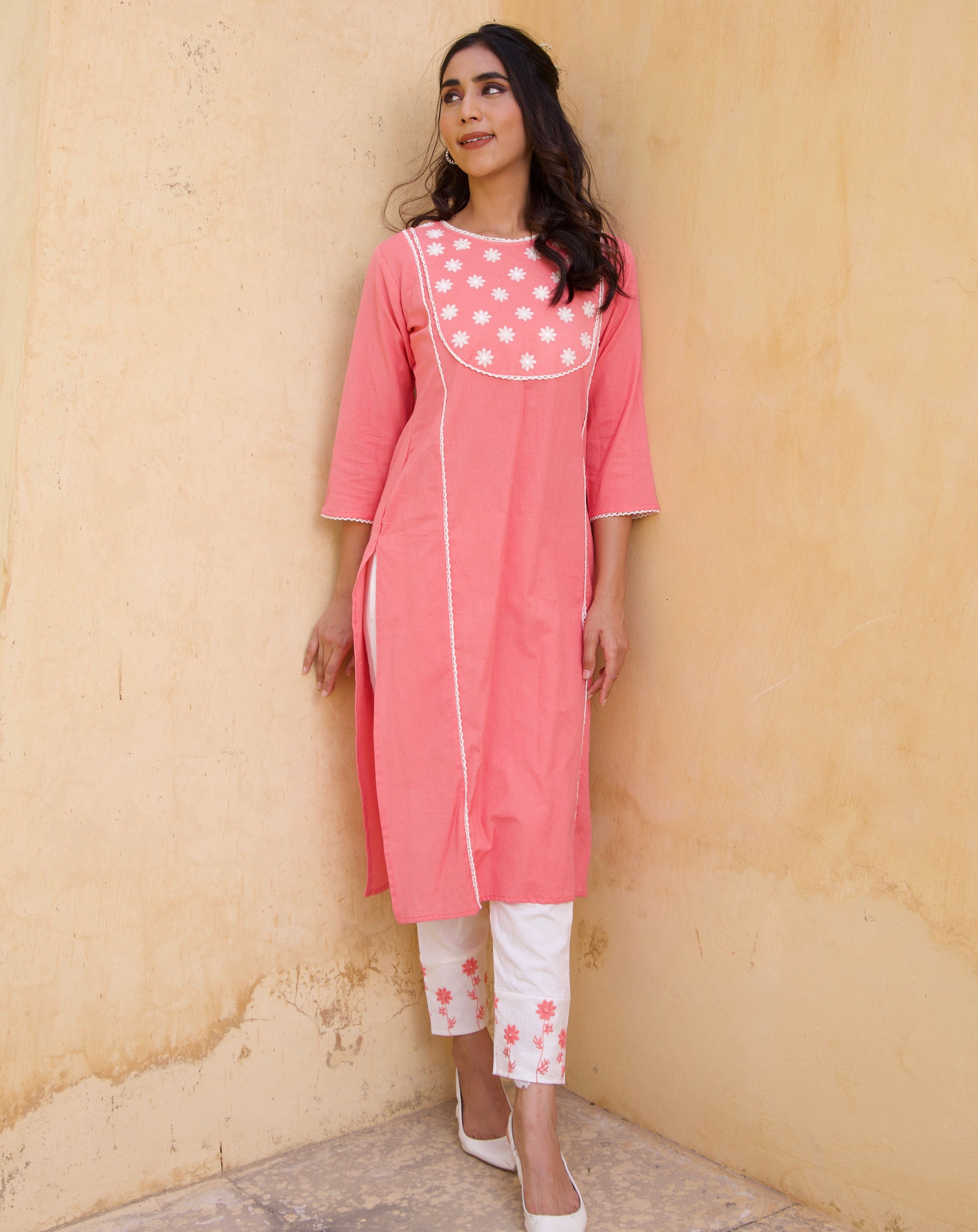 Stylish Pink Cotton Floral Kurta Set for Women - Perfect for Festivals, Parties & Casual Wear