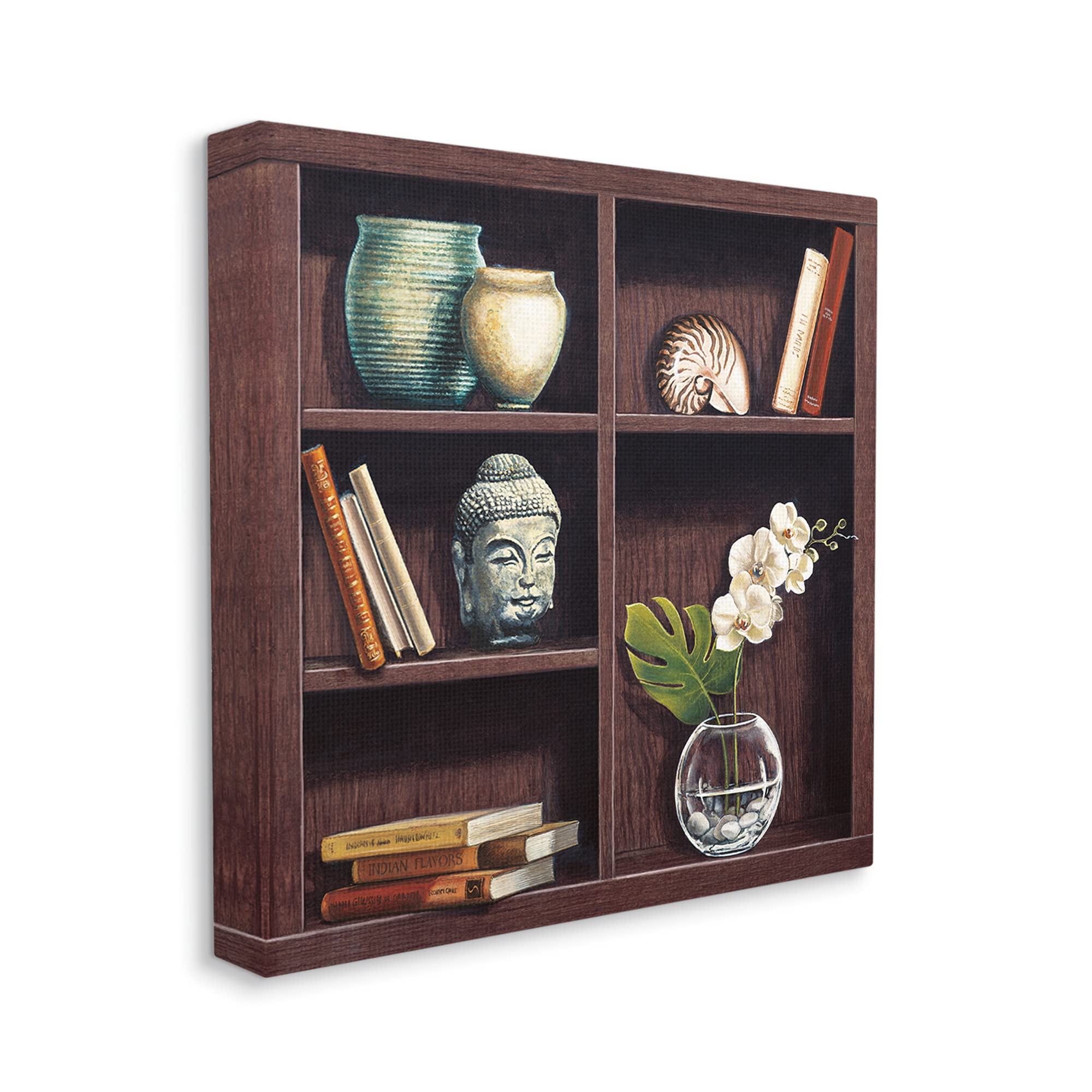 Stupell Industries Eastern Culture Inspired Bookshelf with Floral Vase Still-Life Canvas Wall Art - Brown | Designed by Isabella Rossetti | Perfect for Living Room, Bedroom & Office Decor