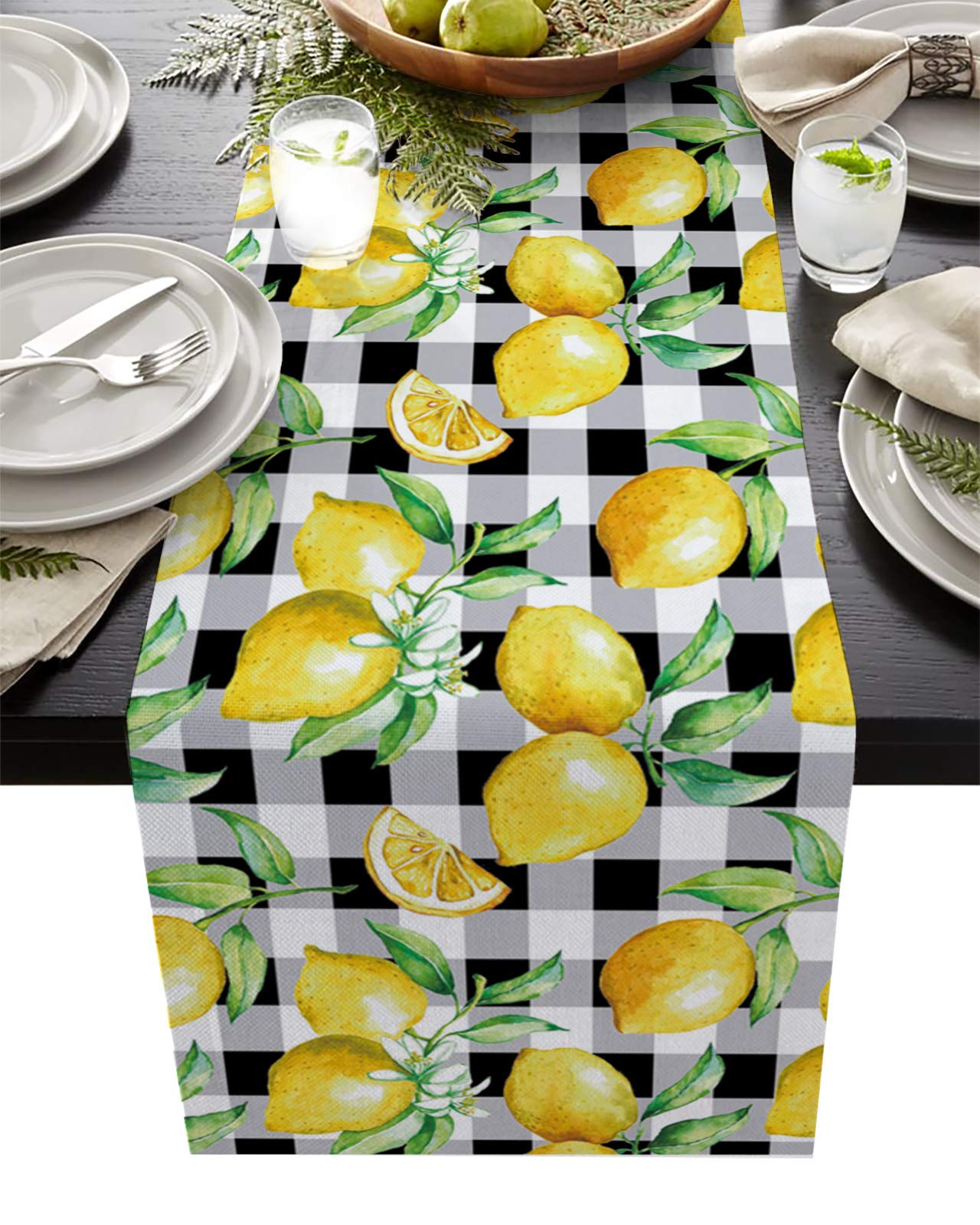Lemon Pattern Table Runner 13x70 Inch - Yellow Lemon Buffalo Plaid Cotton Linen Tablecloth for Dining Table, Wedding, Party & Holiday Decor - Perfect for Farmhouse Kitchen, Rustic Dining Room & Seasonal Home Decoration