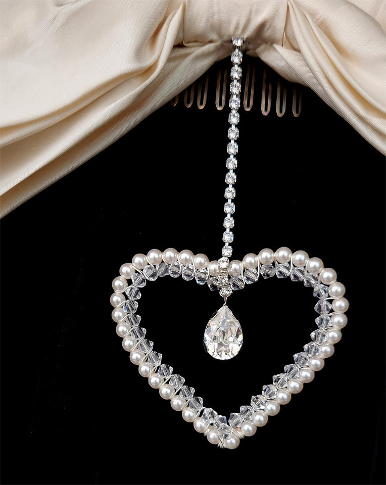 Elegant Bridal Silk Bow Headpiece with Crystal & Pearl Heart Charm - Perfect for Weddings, Bridal Showers & Formal Events | Kezani