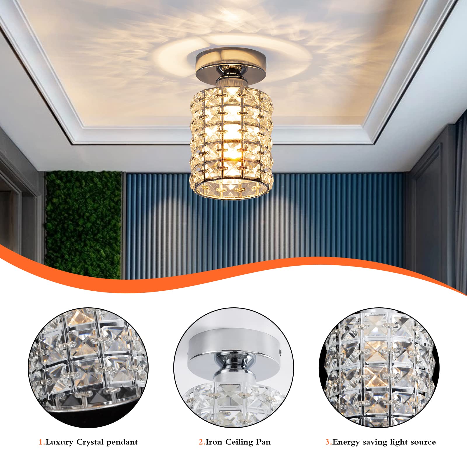 Modern Crystal Semi Flush Mount Ceiling Light Fixture - Small Chandelier Pendant Lamp for Bathroom, Hallway, Cafe, Bar, Porch & Indoor Lighting | Elegant Home & Commercial Decor