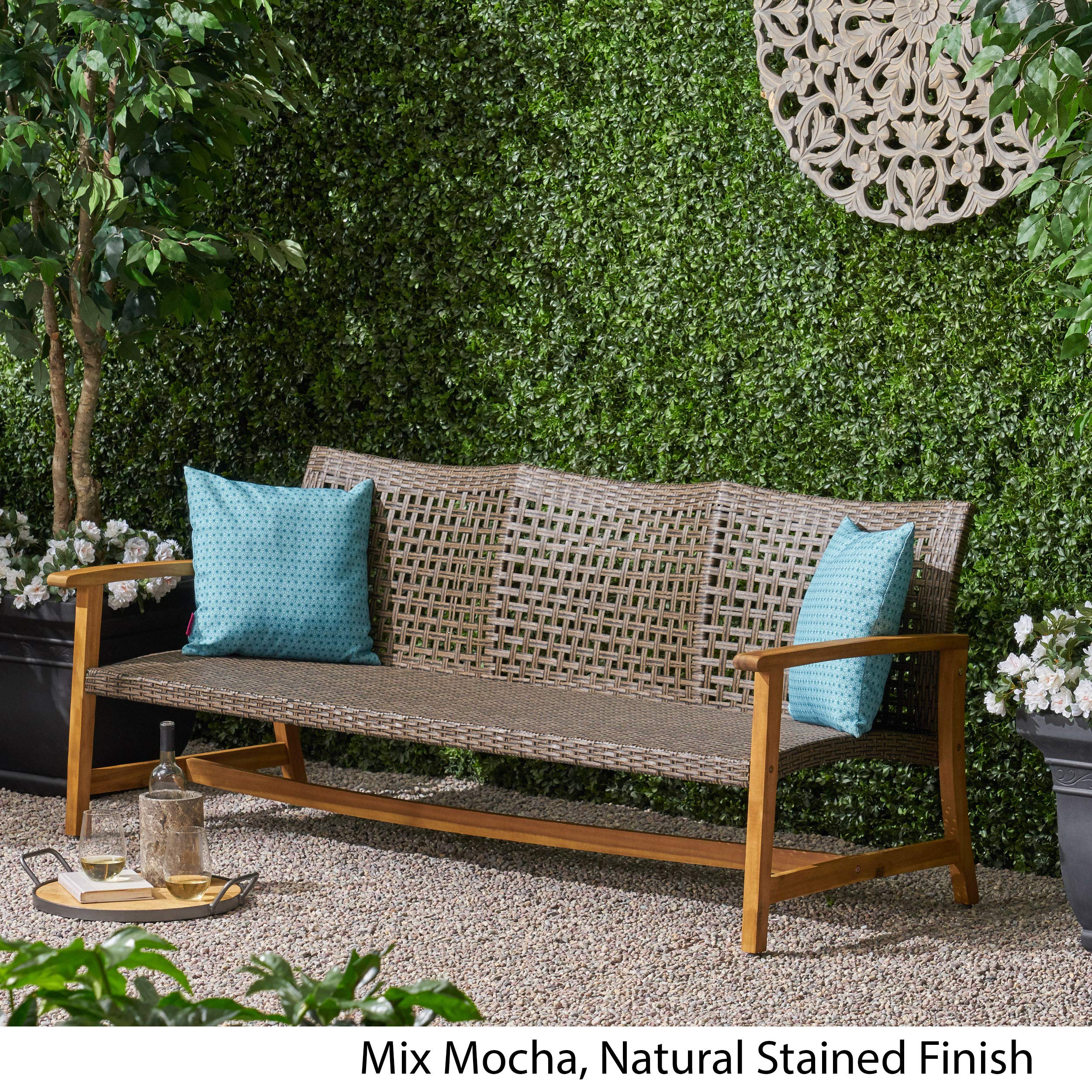 Noble House Hampton Outdoor Wood and Wicker Sofa Set - Natural Finish, Weather-Resistant Patio Furniture for Garden, Poolside & Backyard Relaxation