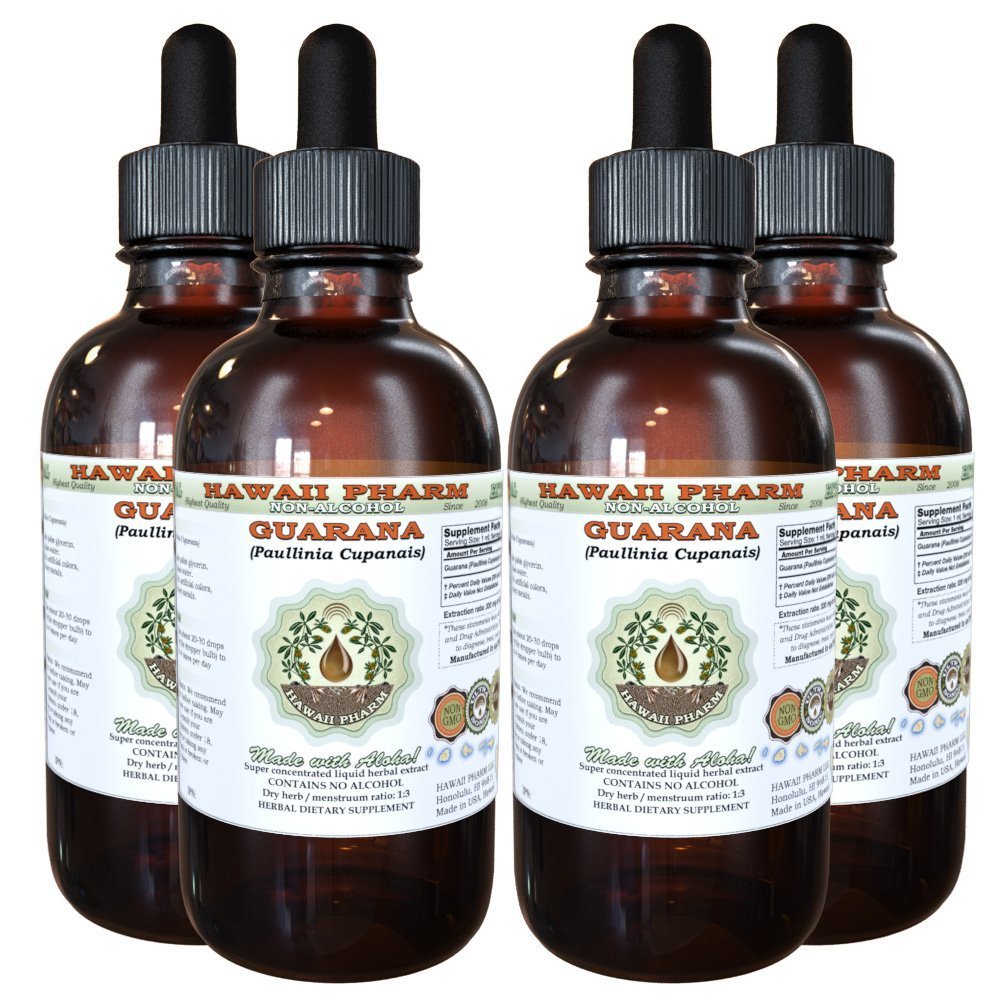Natural Guarana (Paullinia Cupana) Seed Alcohol-Free Liquid Extract Glycerite - 4x4 oz Herbal Supplement by Hawaii Pharm | Energy Boost, Mental Focus & Workout Performance Enhancer