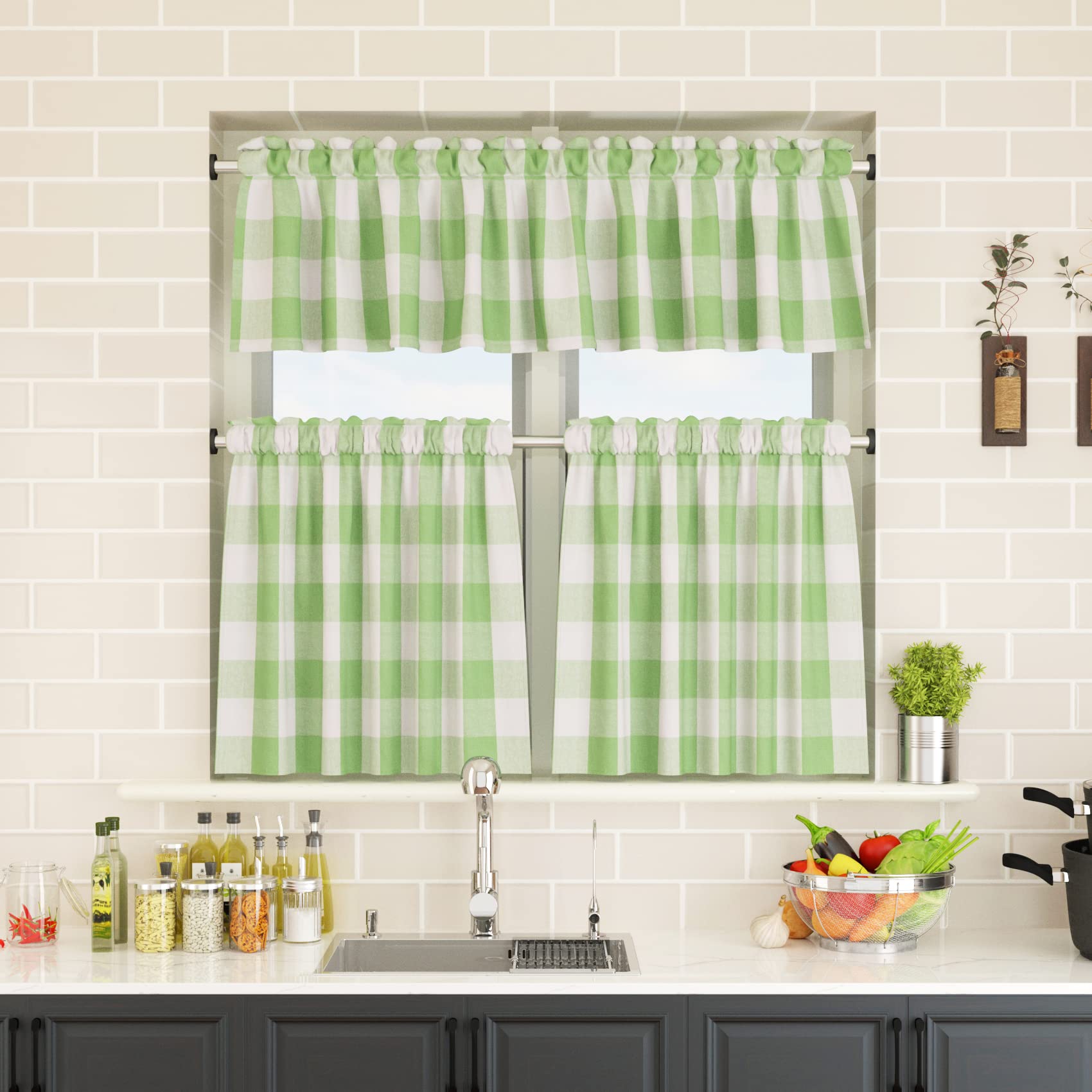 16 Inch Window Valances - 2 Panels Buffalo Plaid Gingham Curtains with Rod Pocket for Small Windows | Perfect for Kitchen, Cafe & Bathroom Decor in Green & White