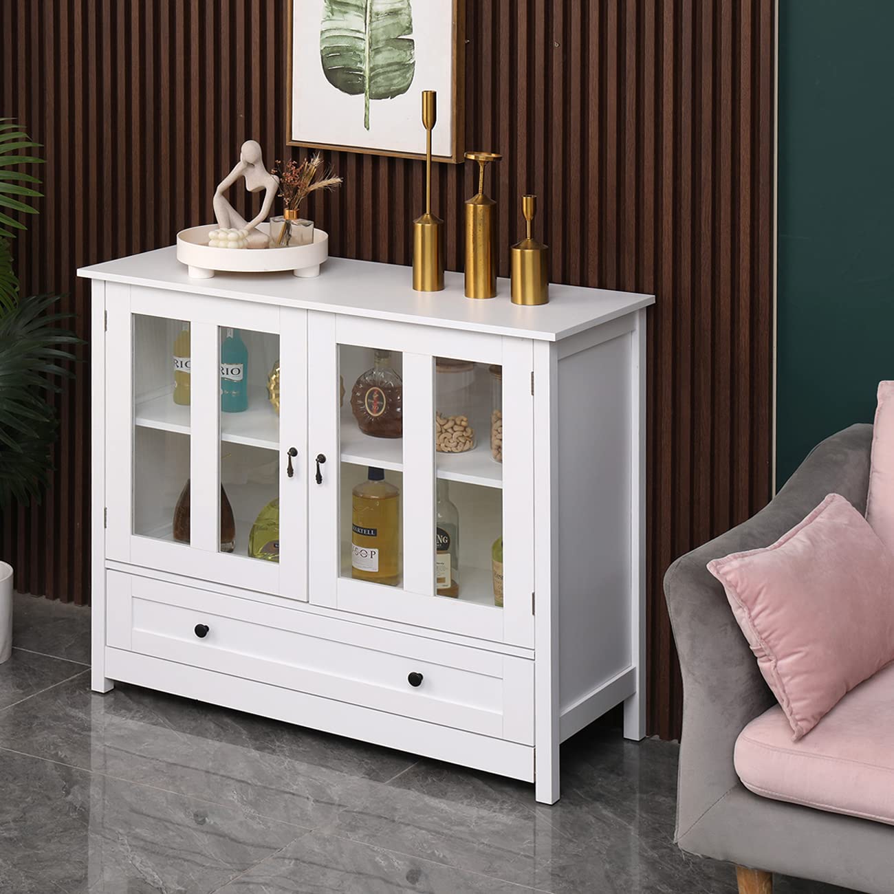 White Buffet Cabinet with Glass Doors & Drawers - Large Storage Sideboard for Dining Room, Living Room & Entryway - Wooden Credenza Console Table with Shelves - Perfect for Kitchen Storage, Pantry Organization & Home Decor Display