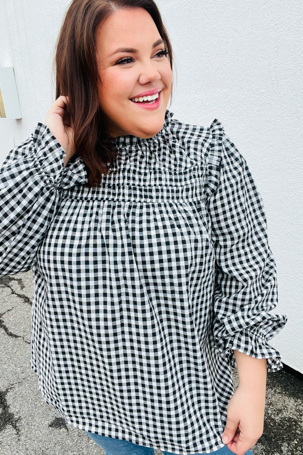 Stylish Black Gingham Shirred Yoke Mock Neck Frilled Top for Women | Vintage-Inspired Blouse for Casual Outfits & Date Nights