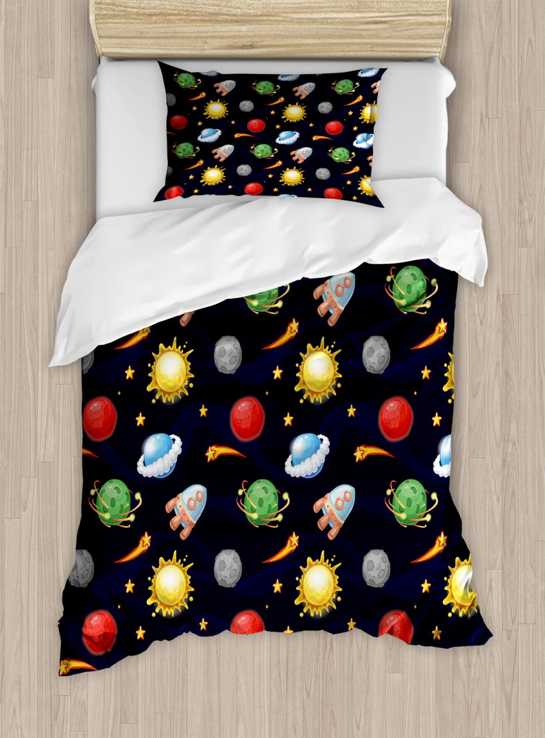 Ambesonne Space Duvet Cover Set - Twin Size 2-Piece Bedding with Cosmic Cartoon Design, Stars, Planets & Rockets - Soft & Breathable for Kids Room, Dorm or Space-Themed Decor